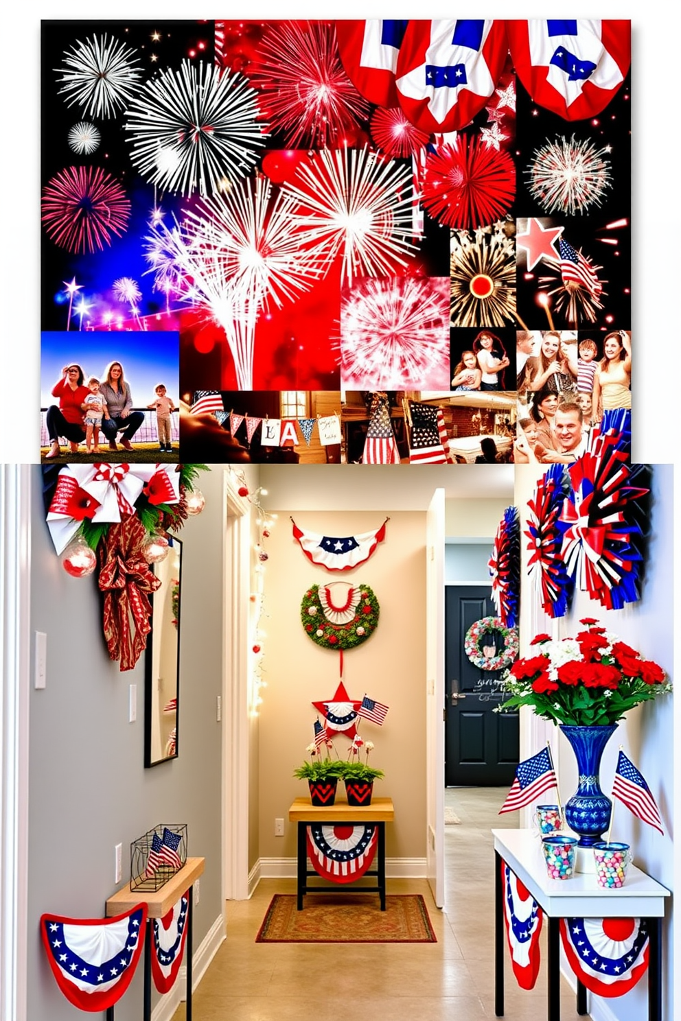 A vibrant Independence Day themed photo collage featuring an array of red white and blue images. The collage includes fireworks family gatherings and patriotic symbols arranged artistically on a large canvas. Independence Day hallway decorating ideas showcasing festive wreaths and banners. The hallway is adorned with string lights and table displays featuring mini flags and themed decor elements.