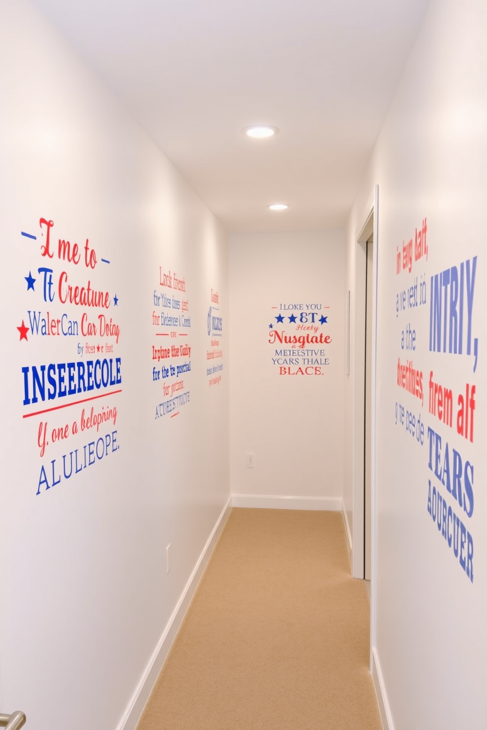 A hallway adorned with patriotic quote wall decals celebrates Independence Day. The walls are painted in a crisp white, providing a perfect backdrop for vibrant red and blue decals that inspire a sense of national pride.