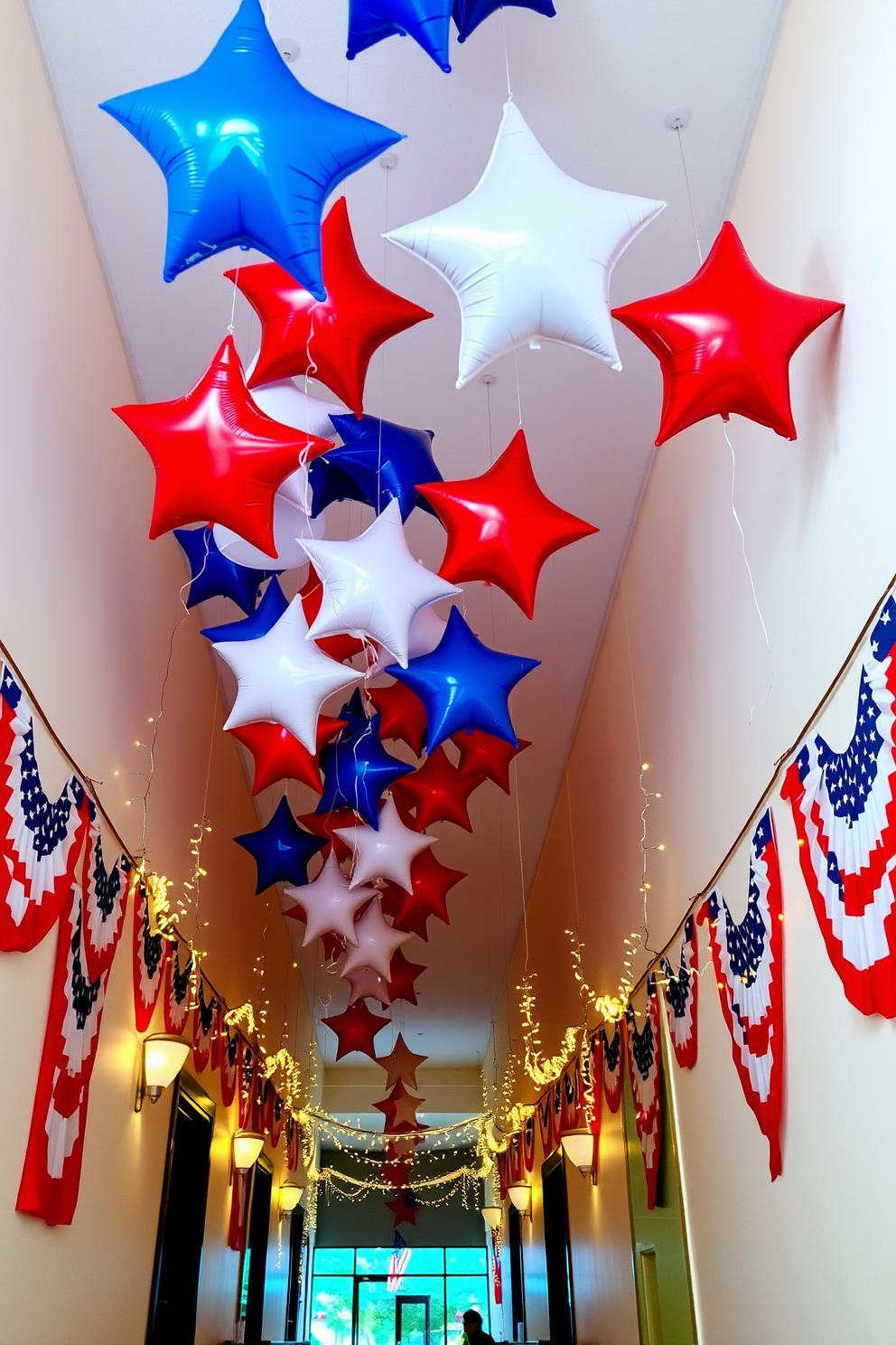 Colorful star shaped balloons in red white and blue float gracefully along the ceiling of a festive hallway. The walls are adorned with patriotic banners and twinkling string lights creating a celebratory atmosphere for Independence Day.