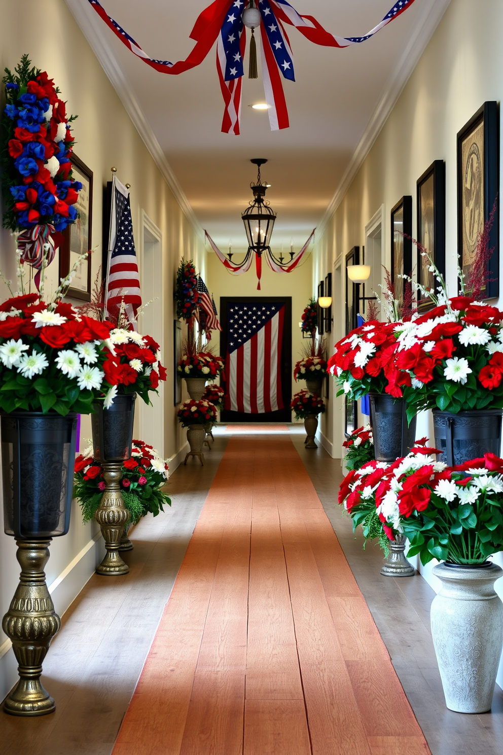 A vibrant hallway adorned with red white and blue floral arrangements celebrating Independence Day. The walls are lined with patriotic-themed artwork and the floor is covered with a rustic wooden runner that adds warmth to the festive decor.