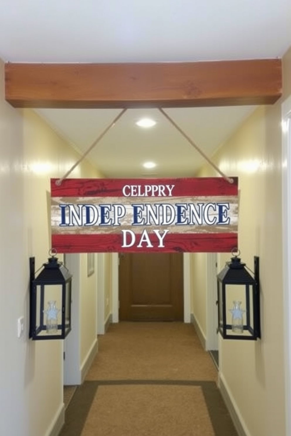 A rustic wooden sign hangs prominently in the hallway, featuring a patriotic message celebrating Independence Day. The sign is adorned with red, white, and blue accents, complemented by vintage-style lanterns placed on either side to enhance the festive atmosphere.