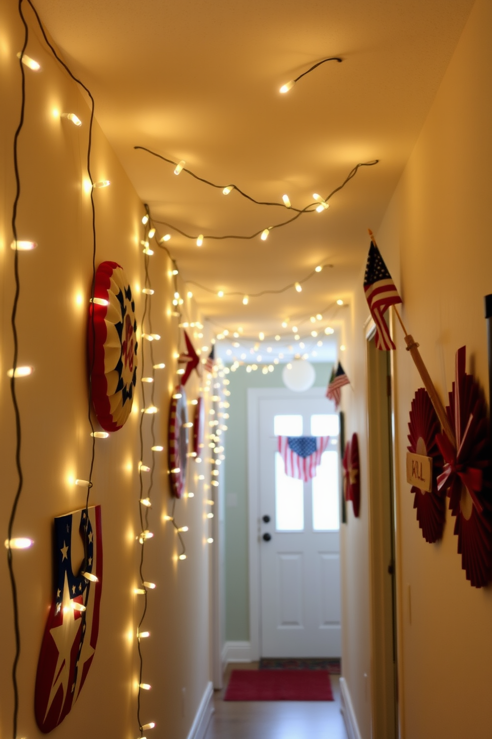 A festive hallway adorned with string lights creates a cheerful atmosphere for Independence Day celebrations. The lights twinkle warmly against the walls, enhancing the patriotic decorations that feature red, white, and blue accents.