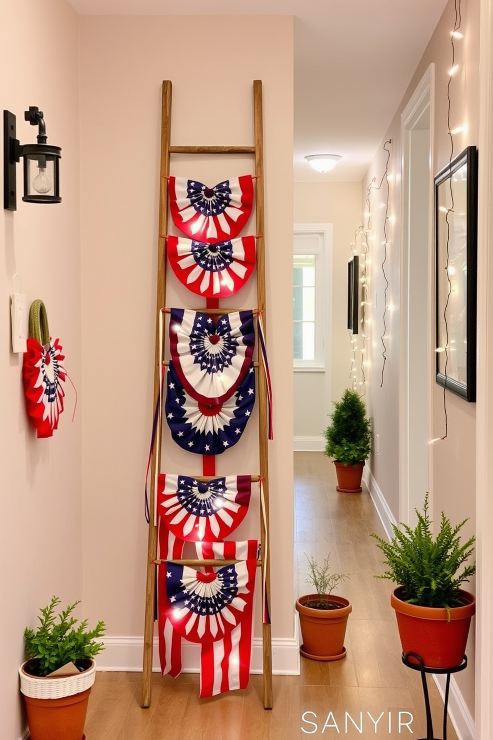 A festive hallway adorned with hanging paper lanterns in vibrant red, white, and blue colors. The lanterns are suspended at varying heights, creating a playful and celebratory atmosphere perfect for Independence Day.