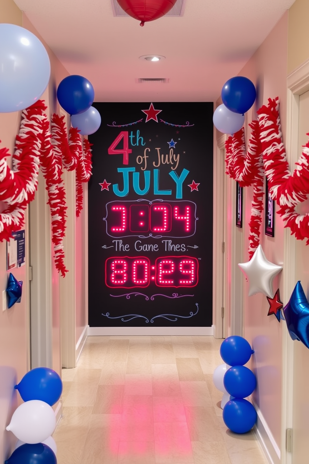 A festive hallway adorned with a large chalkboard displaying a vibrant 4th of July countdown. The space is decorated with red white and blue garlands and star-shaped balloons creating a cheerful atmosphere.