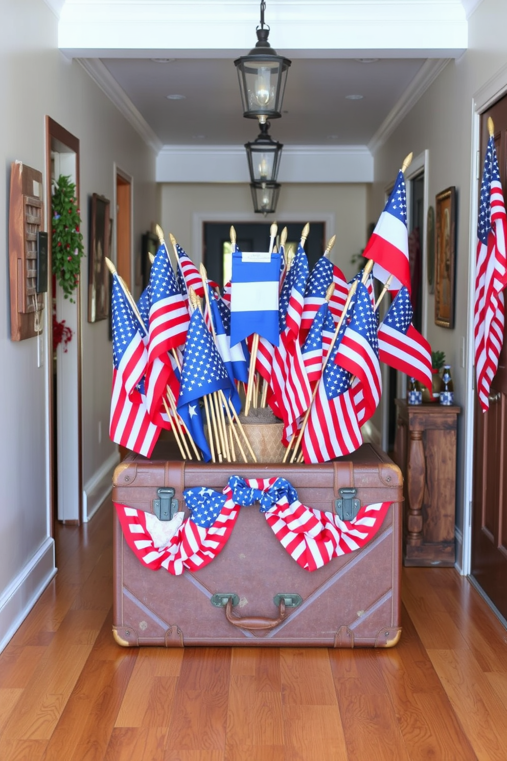 A vintage suitcase is placed in a hallway, overflowing with colorful flags celebrating Independence Day. The suitcase is surrounded by rustic wooden accents and patriotic decorations, creating a festive and inviting atmosphere.