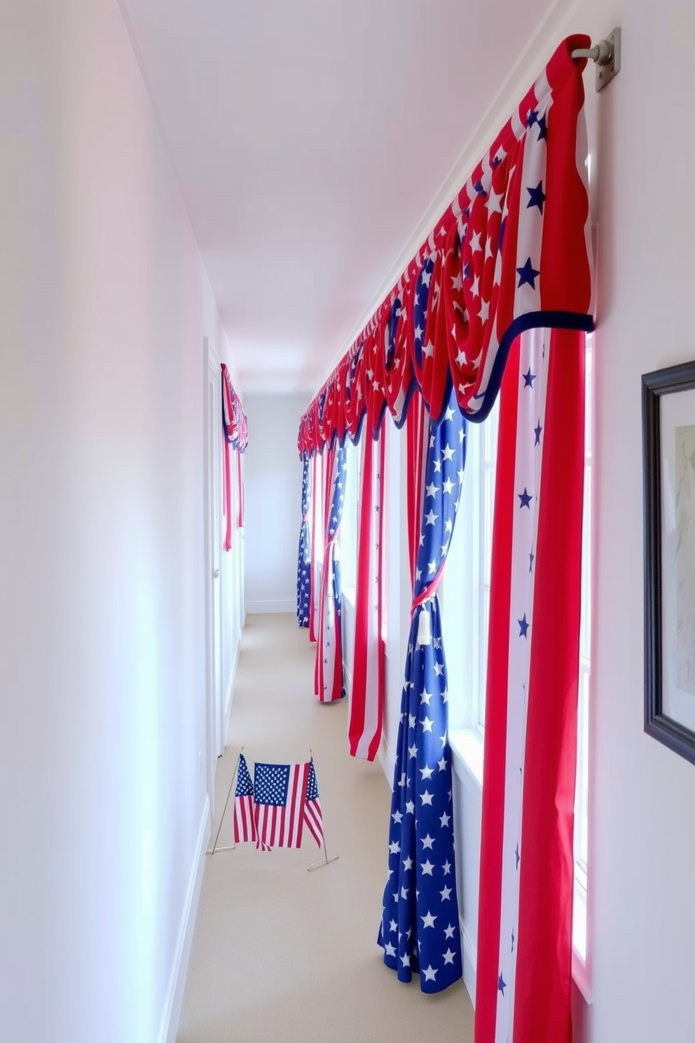 A vibrant hallway adorned with star patterned curtains that elegantly frame the windows. The curtains are in shades of red, white, and blue, creating a festive atmosphere perfect for Independence Day celebrations. The walls are painted in a crisp white to enhance the brightness of the space. Decorative elements like small flags and patriotic artwork are strategically placed to complement the festive theme.