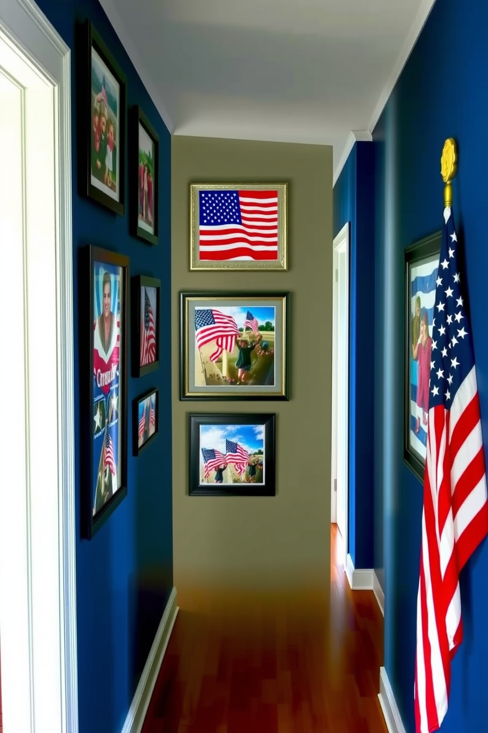 A patriotic themed wall art gallery adorns the hallway showcasing vibrant red white and blue artwork. Framed photographs of Independence Day celebrations and American flags create a festive atmosphere that honors national pride.