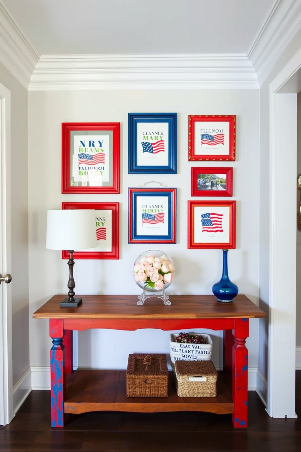 A vibrant hallway adorned with red, white, and blue painted frames showcasing patriotic artwork. The frames are arranged in a stylish gallery wall, complemented by a rustic wooden console table beneath them.