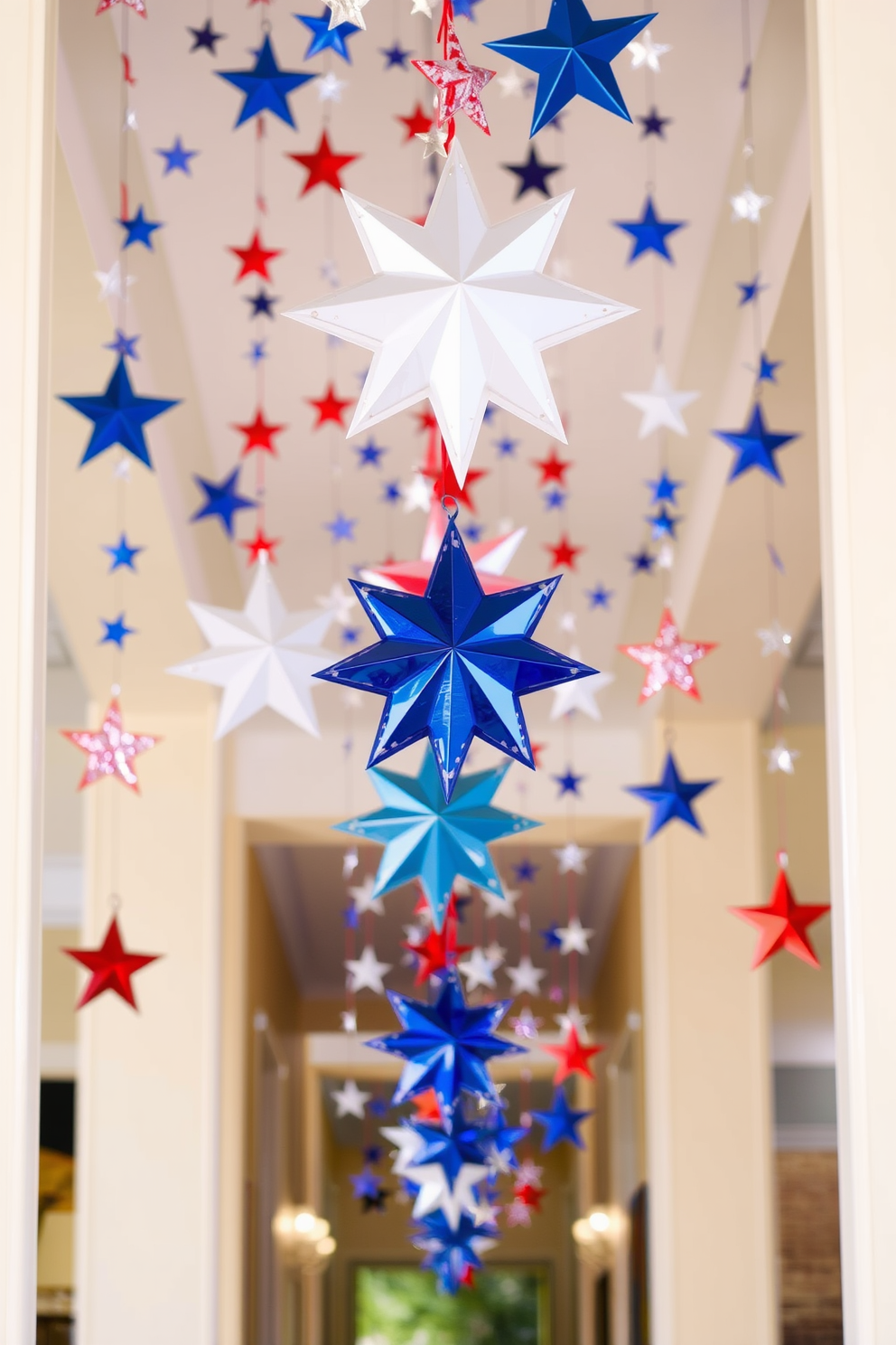 A festive hallway adorned with seasonal candles in red, white, and blue shades. The candles are arranged on a sleek console table, complemented by small American flag decorations and a vibrant floral arrangement.