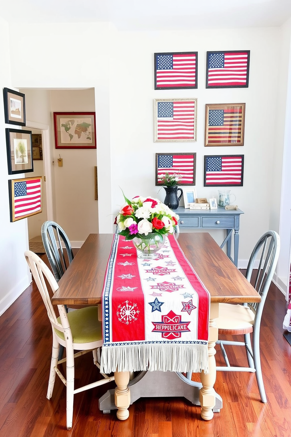 A seasonal table runner featuring vibrant red white and blue colors and patriotic motifs is elegantly draped over a rustic wooden dining table. Surrounding the table are mismatched vintage chairs that add charm and character to the festive setting. In the hallway, a collection of framed American flag art pieces adorns the walls, creating a cohesive theme. A small console table displays a bouquet of fresh flowers alongside decorative items that reflect the spirit of Independence Day.