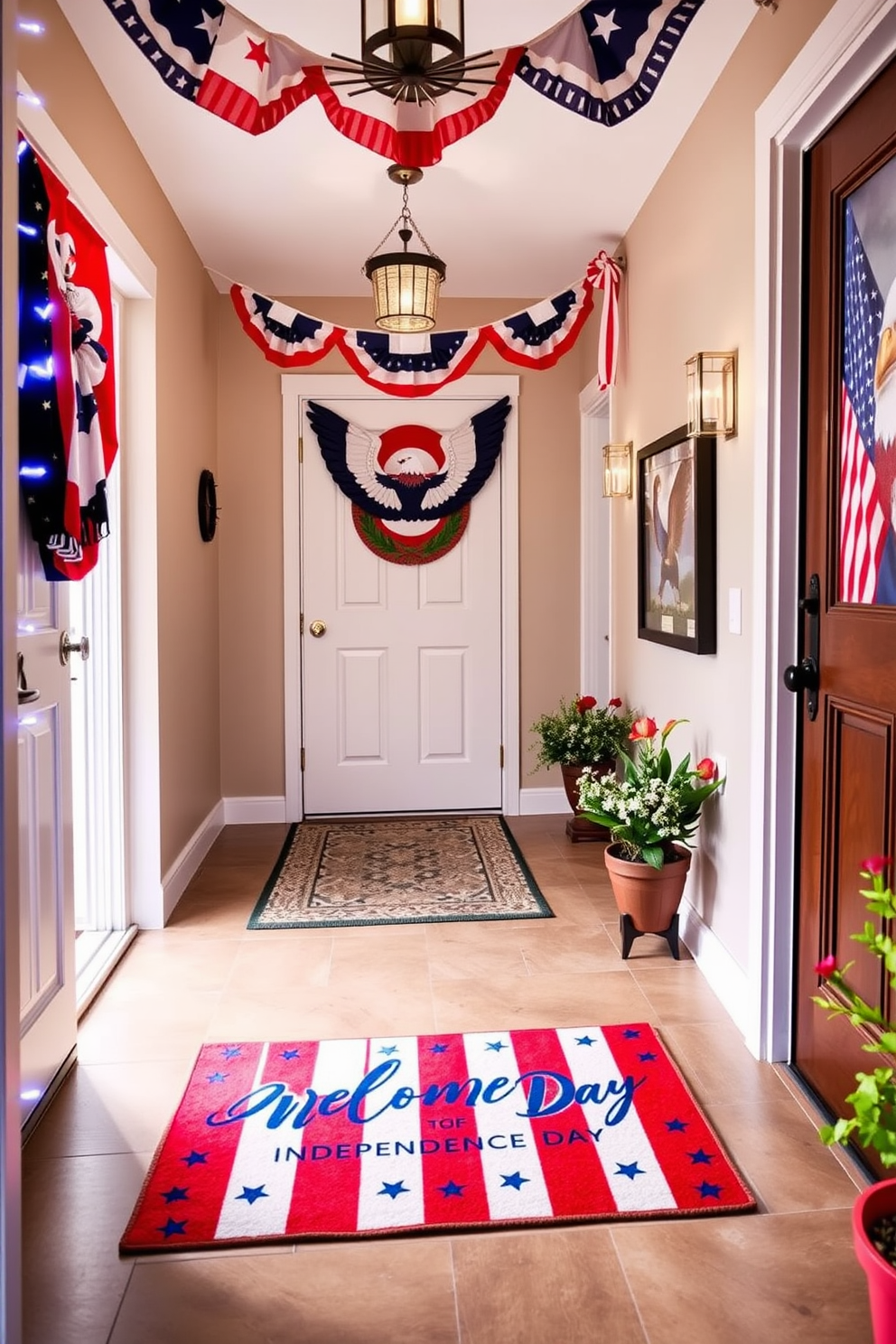 A vibrant welcome mat featuring red white and blue colors with stars and stripes design. The mat is placed at the entrance of a home inviting guests to celebrate Independence Day. A hallway decorated with patriotic bunting and string lights in red white and blue. The walls are adorned with framed art showcasing iconic American symbols like eagles and flags.