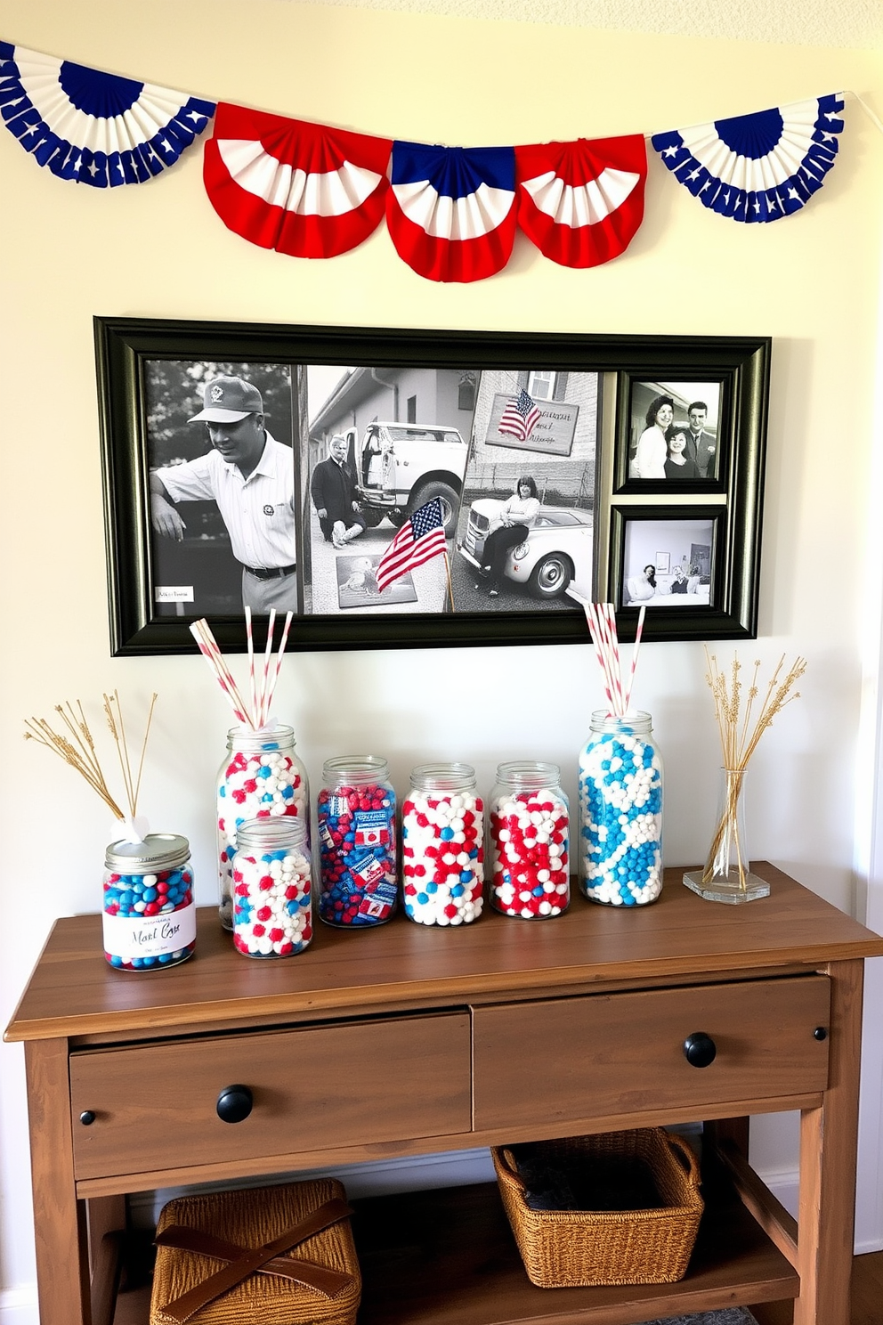 A festive hallway adorned with decorative jars filled with red, white, and blue candies celebrates Independence Day. The jars are arranged on a rustic wooden console table, complemented by a backdrop of patriotic bunting and framed photographs of past celebrations.