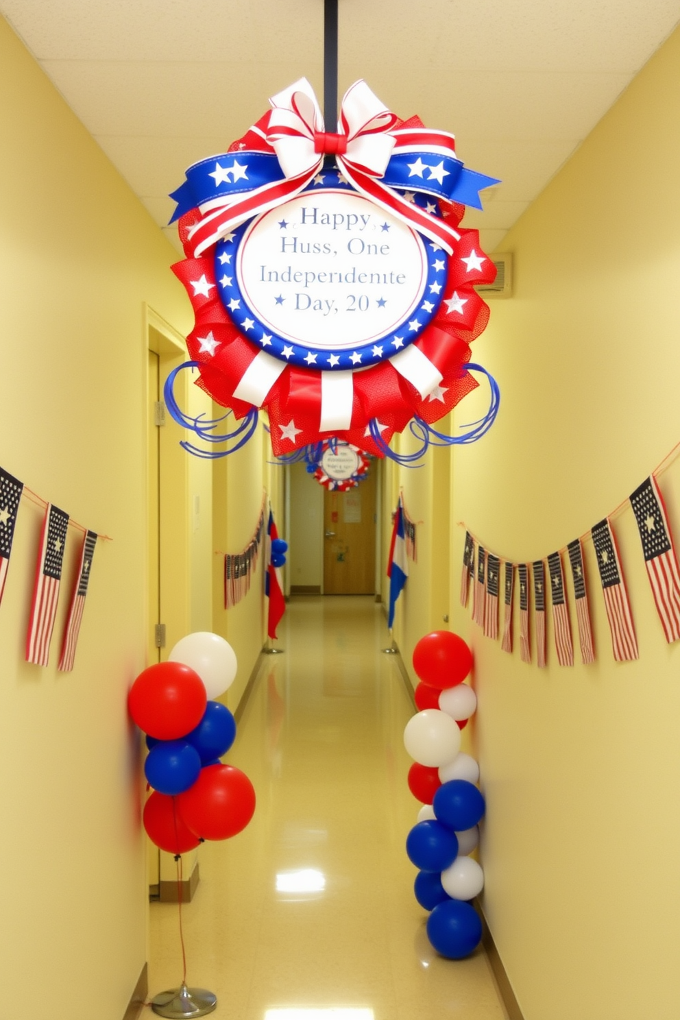 A patriotic themed door hanger designed for Independence Day features vibrant red white and blue colors. The hanger showcases stars and stripes with an elegant bow at the top adding a festive touch. In the hallway decorations for Independence Day small flags are hung along the walls creating a celebratory atmosphere. Red white and blue balloons are strategically placed to enhance the festive spirit.