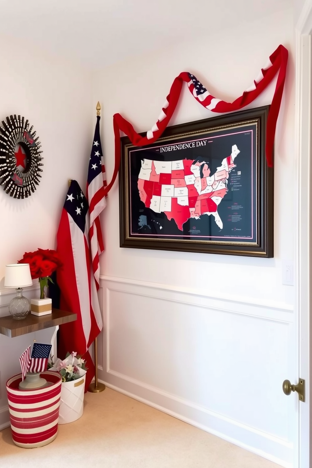 A vibrant hallway features wall shelves decorated in a red white and blue theme to celebrate Independence Day. The shelves showcase an array of patriotic decor items such as miniature flags and seasonal flowers.