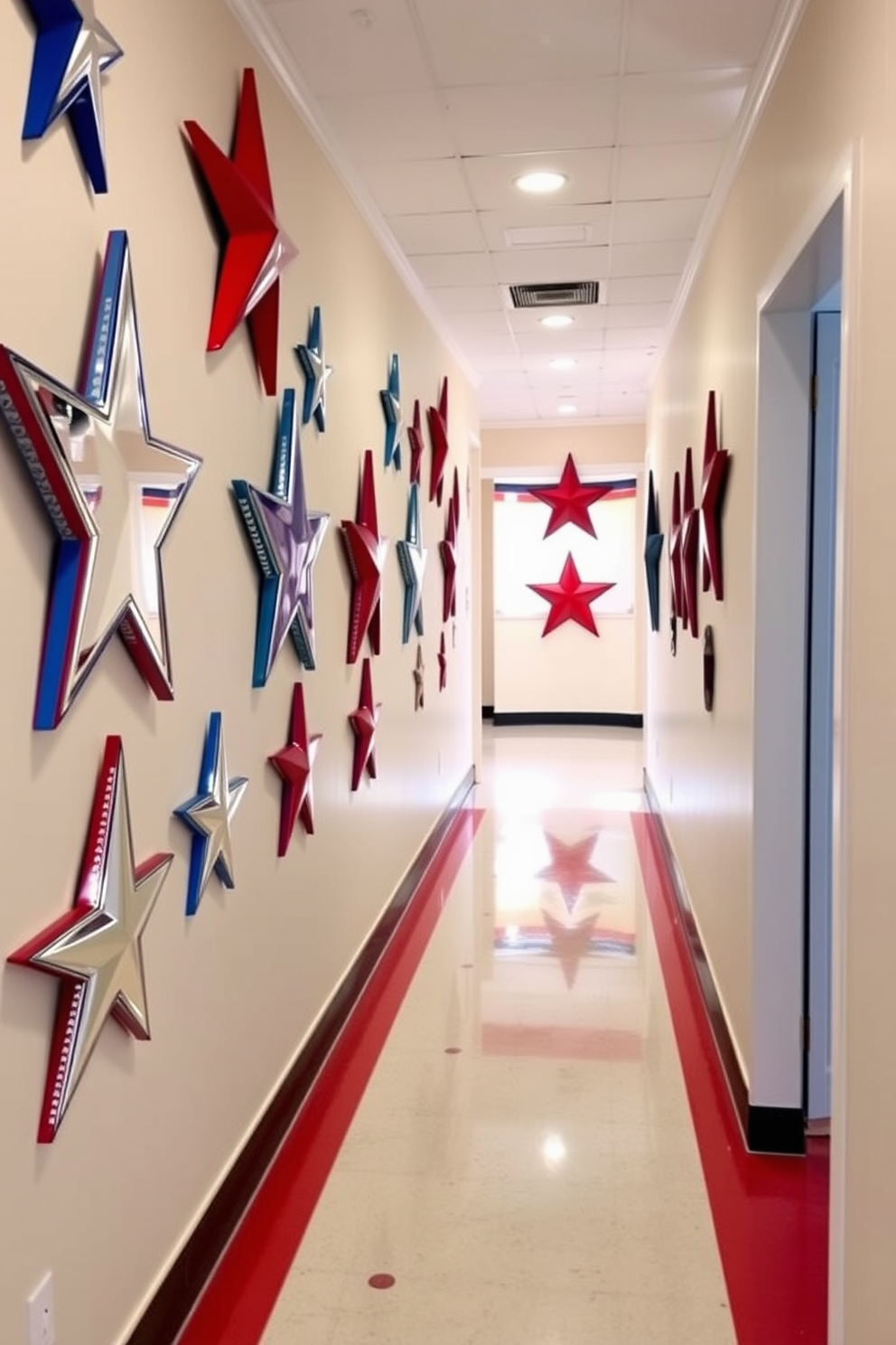 Star shaped wall mirrors adorn the walls of a festive hallway, reflecting the vibrant colors of red, white, and blue. The mirrors are strategically placed to create a sense of depth, enhancing the patriotic theme of Independence Day celebrations.