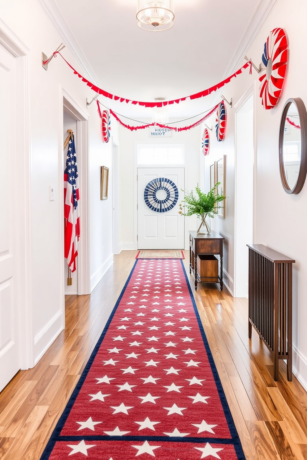 A vibrant hallway adorned with a stars and stripes runner rug that captures the spirit of Independence Day. The walls are painted in a crisp white, and patriotic decorations hang alongside the runner, creating a festive atmosphere.