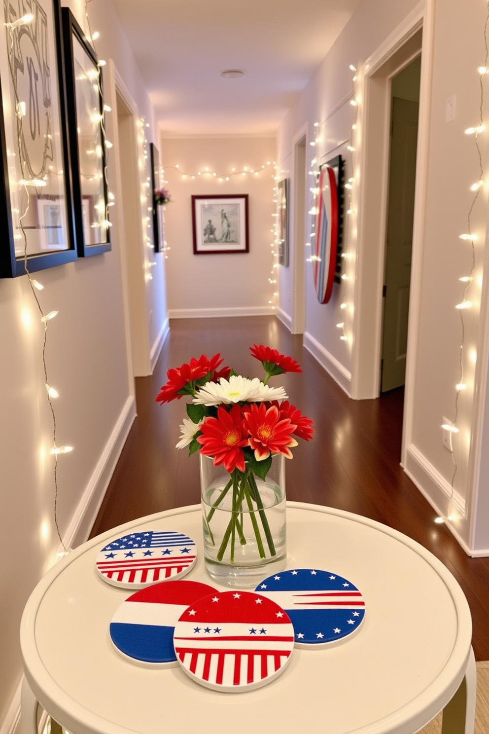 Patriotic themed coasters are displayed on a stylish side table, featuring vibrant red, white, and blue colors that celebrate Independence Day. The coasters are surrounded by a small arrangement of fresh flowers in a glass vase, adding a touch of elegance to the festive decor. The hallway is adorned with decorative elements that evoke a sense of patriotism, including framed artwork depicting iconic American symbols. Subtle string lights are draped along the walls, creating a warm and inviting atmosphere for guests celebrating the holiday.