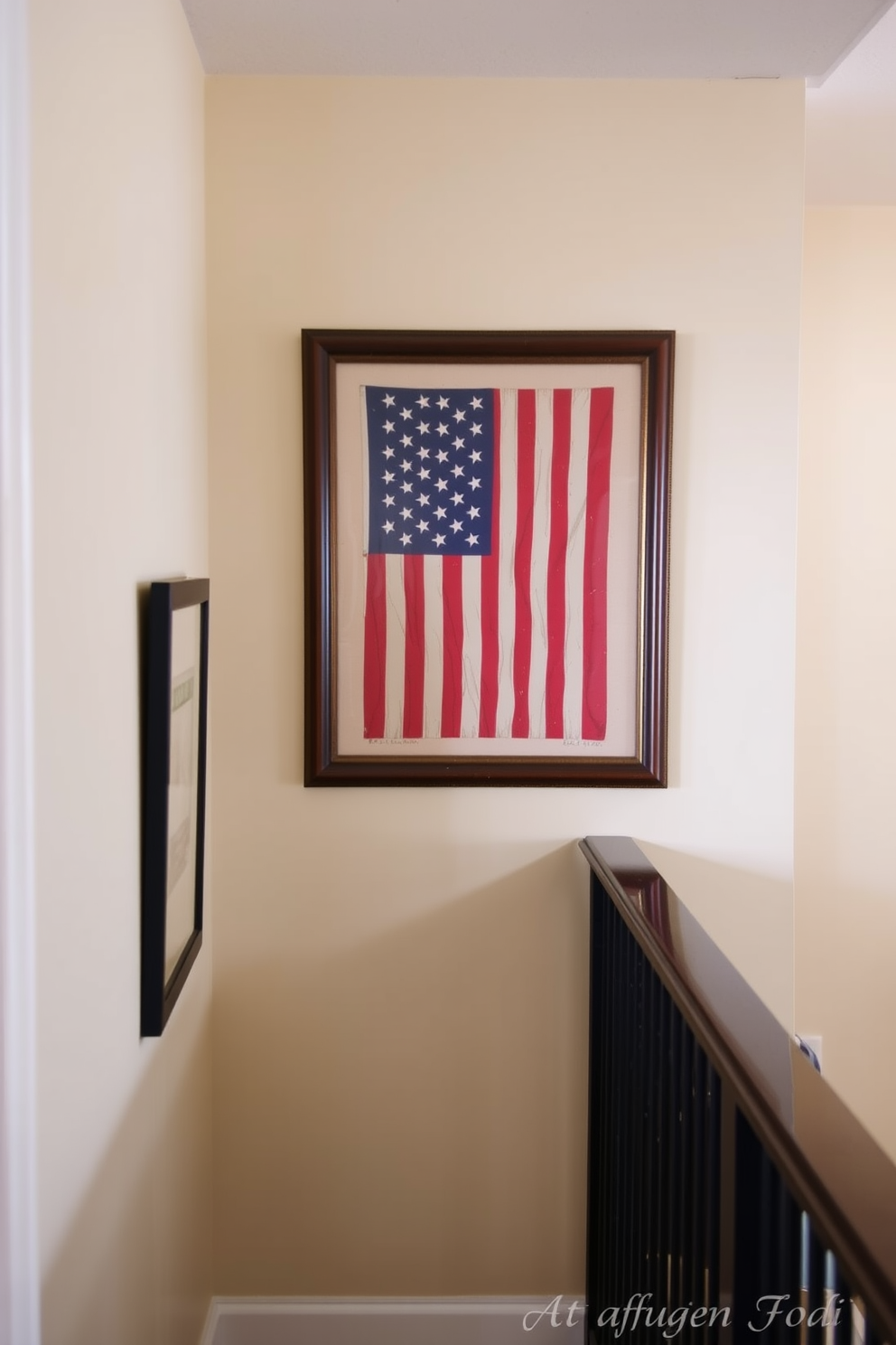 A vintage American flag framed print hangs prominently in the hallway, adding a touch of patriotism to the decor. The surrounding walls are painted in a soft cream color, creating a warm and inviting atmosphere for guests.