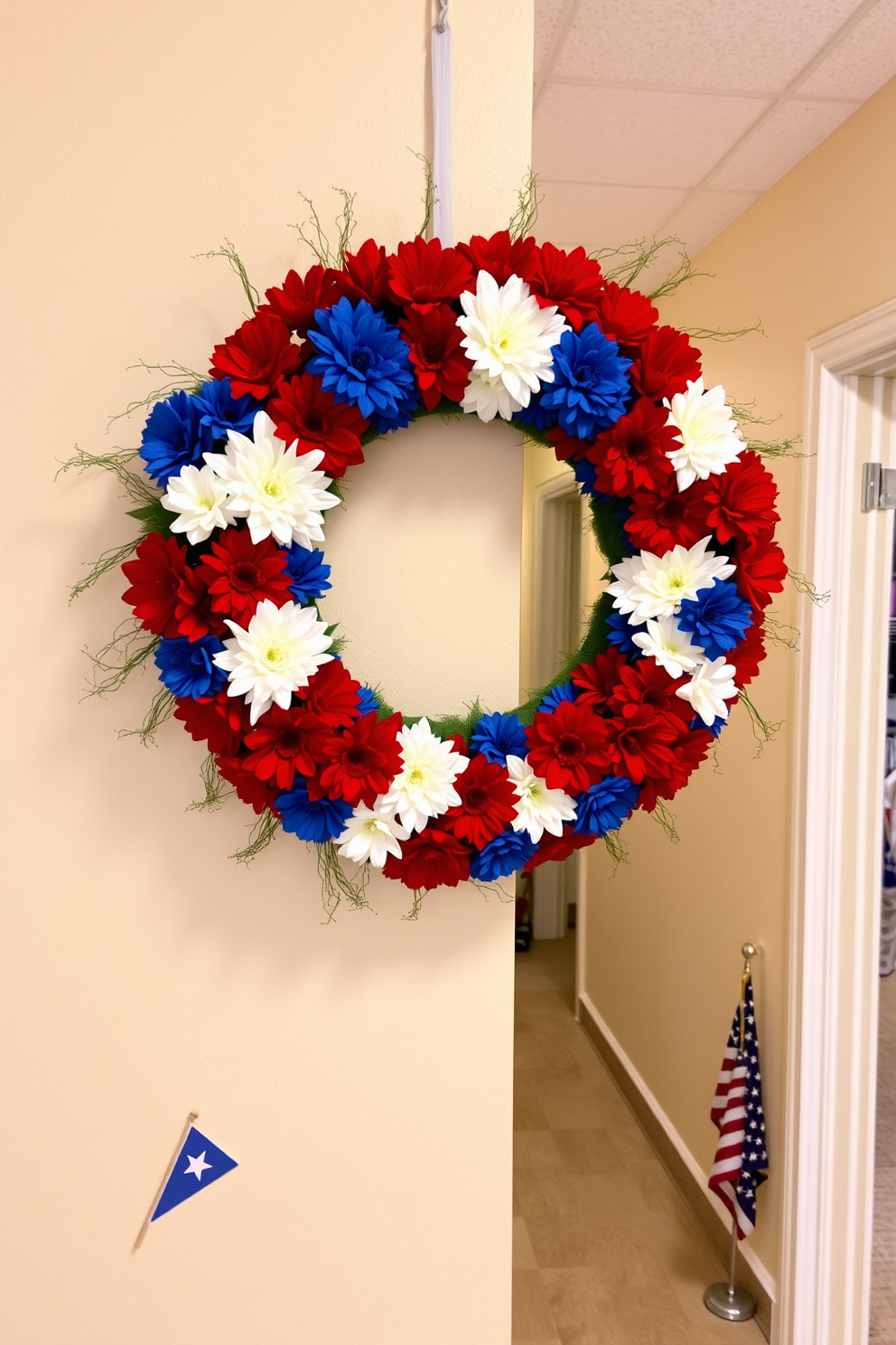 A vibrant wreath made of red white and blue flowers is hung on the wall, celebrating the spirit of Independence Day. The hallway is adorned with festive decorations, including small flags and themed accents that enhance the patriotic atmosphere.