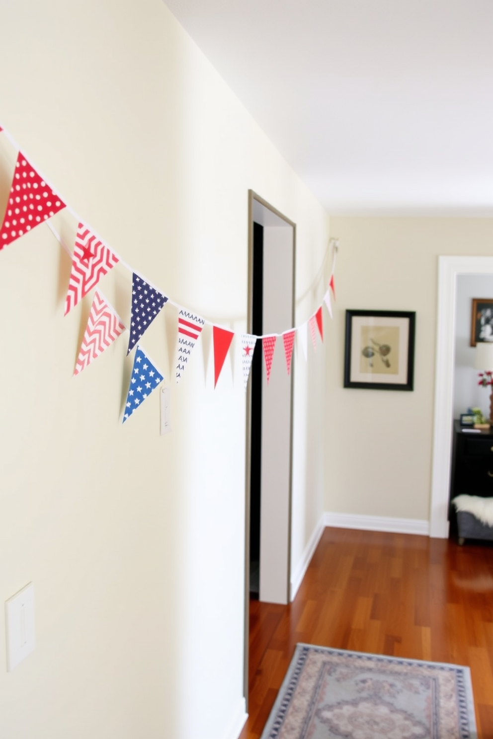 A vibrant DIY patriotic bunting stretches across the hallway, featuring alternating red white and blue triangles. The bunting adds a festive touch to the space, celebrating Independence Day with cheerful colors and playful patterns.