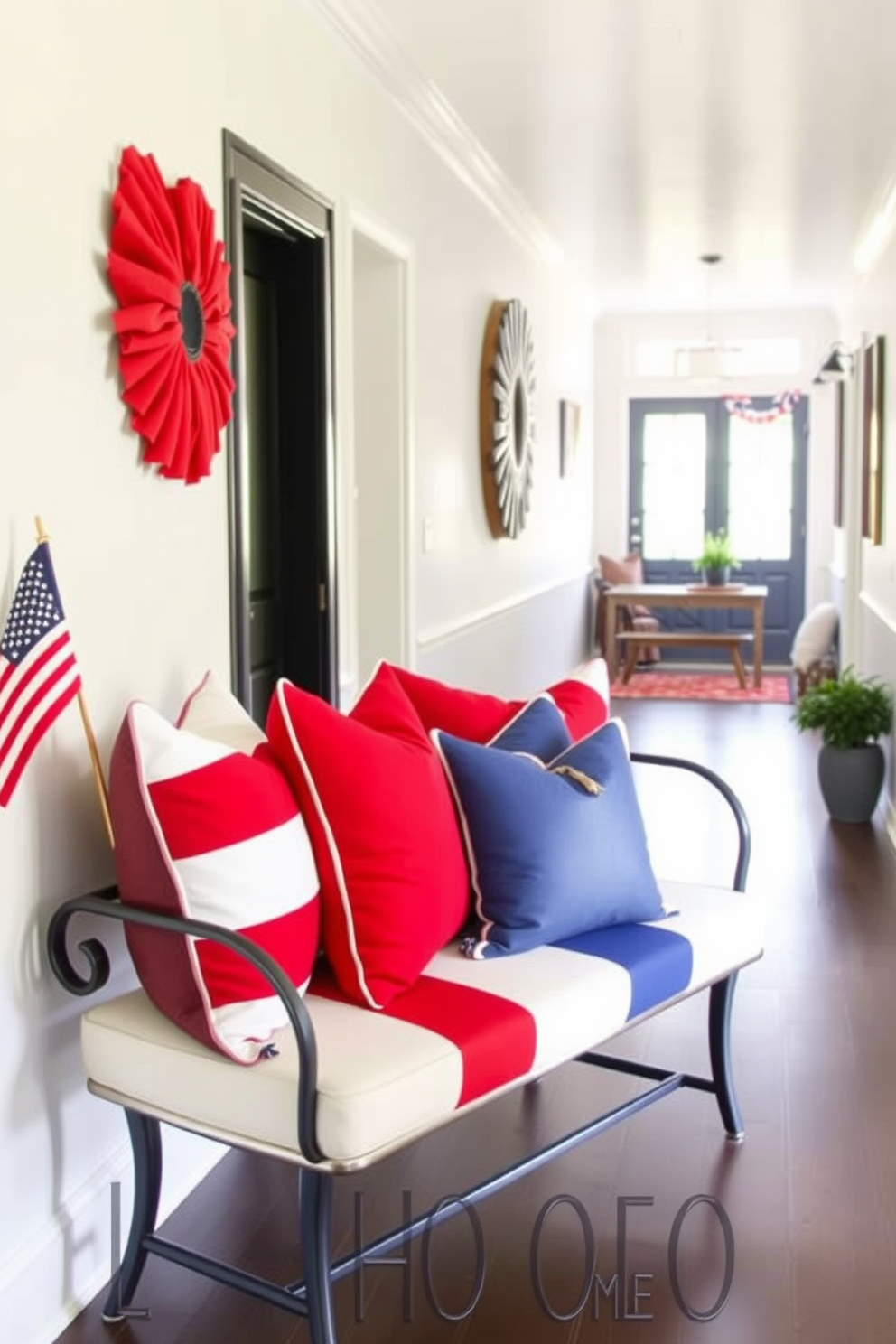 Festive red white and blue pillows are arranged on a stylish bench in a bright hallway. The walls are adorned with patriotic artwork, creating a cheerful atmosphere for Independence Day celebrations.