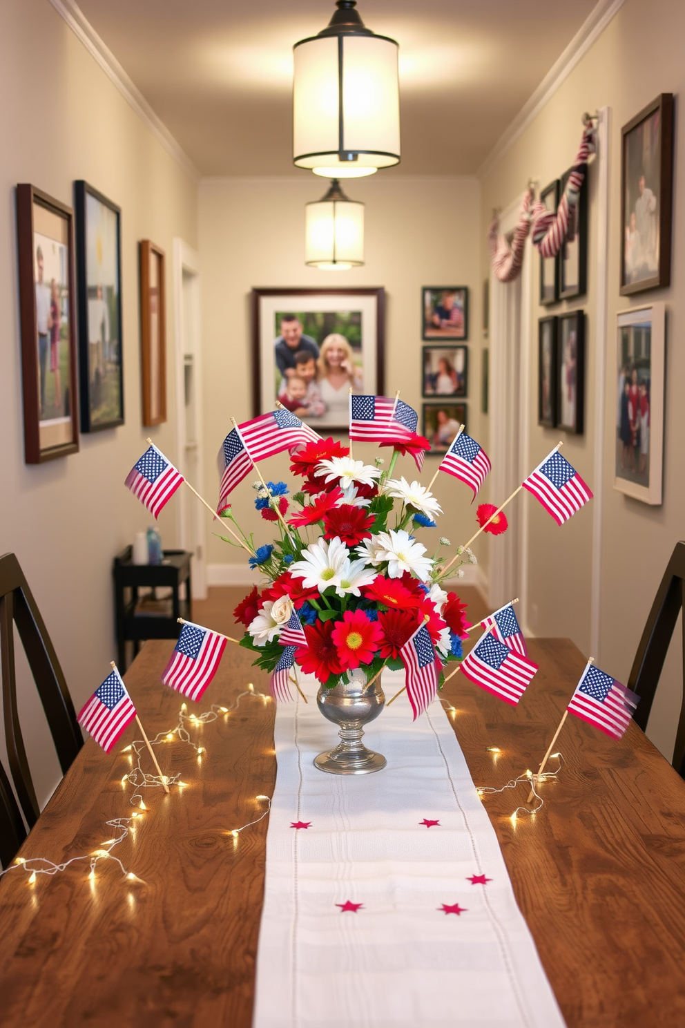 A festive hallway adorned with Fourth of July themed garlands that feature red white and blue colors. The garlands are draped elegantly along the walls creating a celebratory atmosphere for Independence Day.