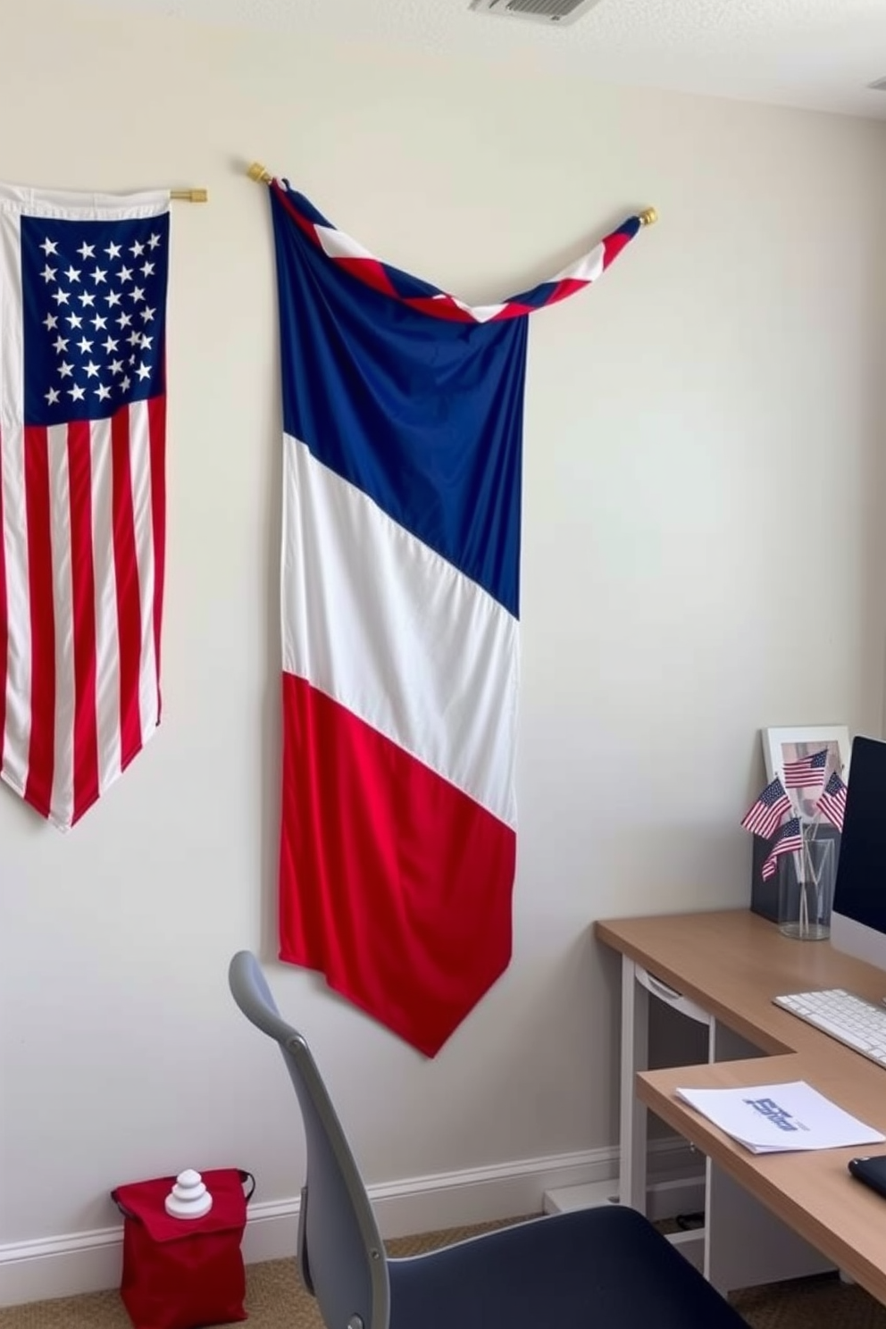 A patriotic flag wall art display in a home office featuring a large American flag framed in rustic wood. The walls are painted in a soft blue hue, complemented by a stylish desk made of reclaimed wood, with a vintage globe and potted plants on top. Red, white, and blue accents are incorporated throughout the space with decorative pillows and a cozy throw blanket on a comfortable chair. A gallery wall showcases framed photos from past Independence Day celebrations, adding a personal touch to the decor.