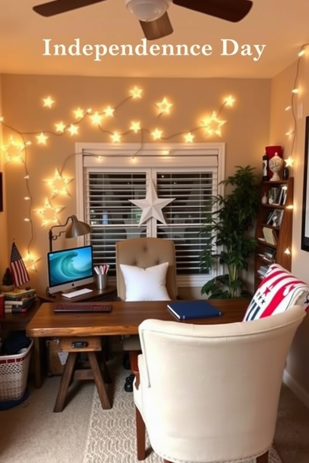 A cozy home office decorated for Independence Day features star shaped fairy lights draped across the walls creating a warm ambiance. The workspace includes a rustic wooden desk adorned with red white and blue accents and a comfortable chair inviting creativity and focus.