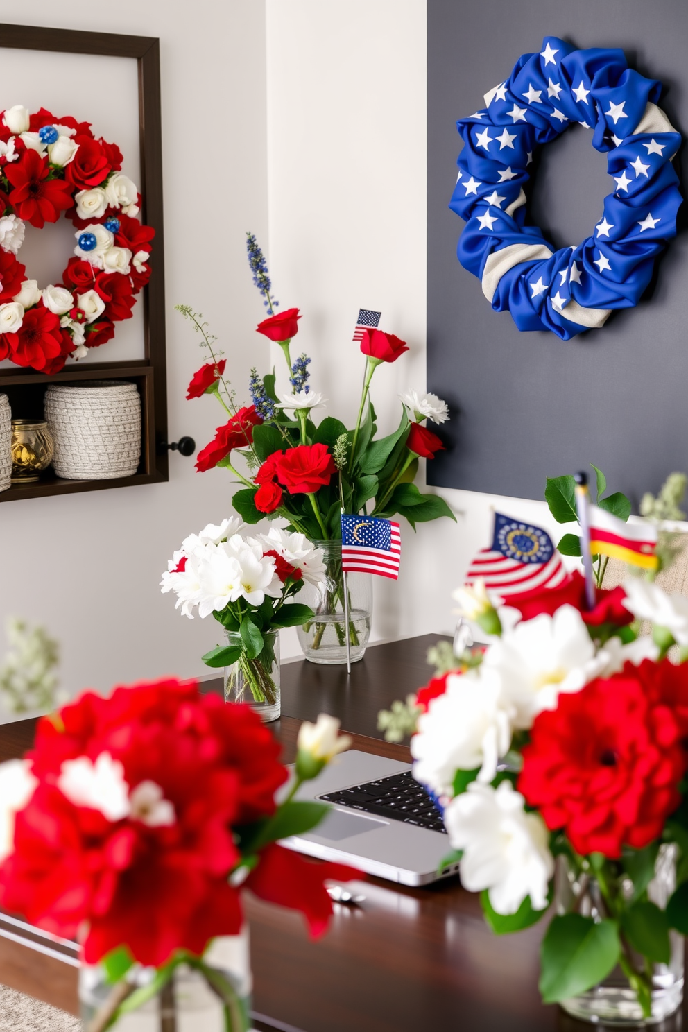 A decorative wreath adorned with stars and stripes hangs prominently on the wall, celebrating the spirit of Independence Day. The home office features a rustic wooden desk paired with a comfortable chair, creating a warm and inviting workspace.