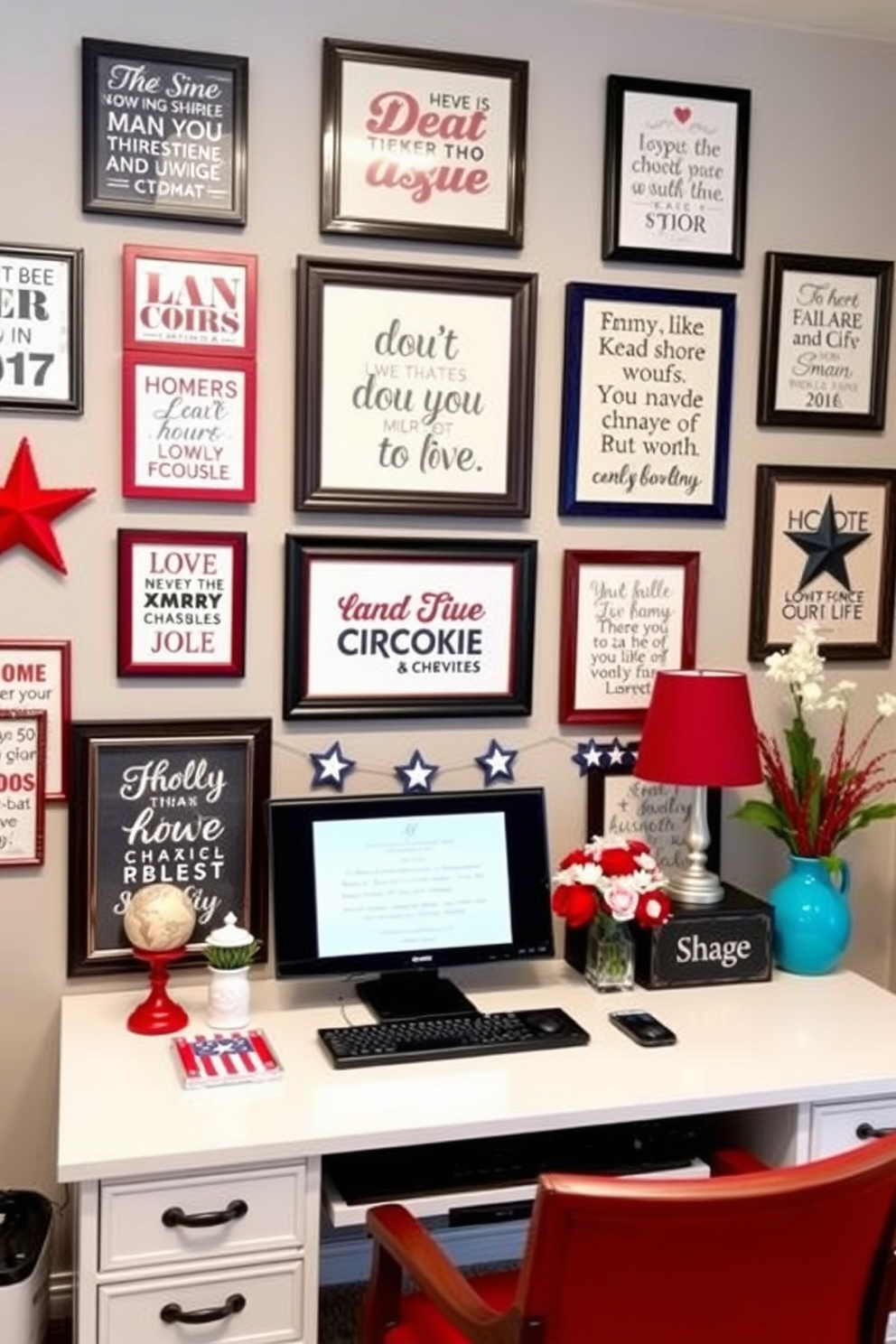 A home office decorated for Independence Day features a wall adorned with framed patriotic quotes in various styles and sizes. The quotes are displayed in a gallery arrangement, complemented by red, white, and blue accents throughout the space.