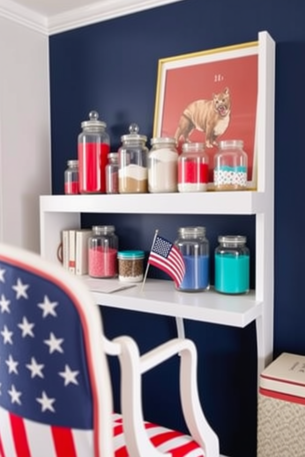 Decorative jars filled with colored sand in a home office setting. The jars are arranged on a sleek white shelf, creating a vibrant focal point against the backdrop of a navy blue wall. Patriotic accents are subtly integrated into the decor, with a small American flag displayed on the desk. A comfortable chair with red and white striped upholstery complements the festive theme while maintaining a sophisticated look.