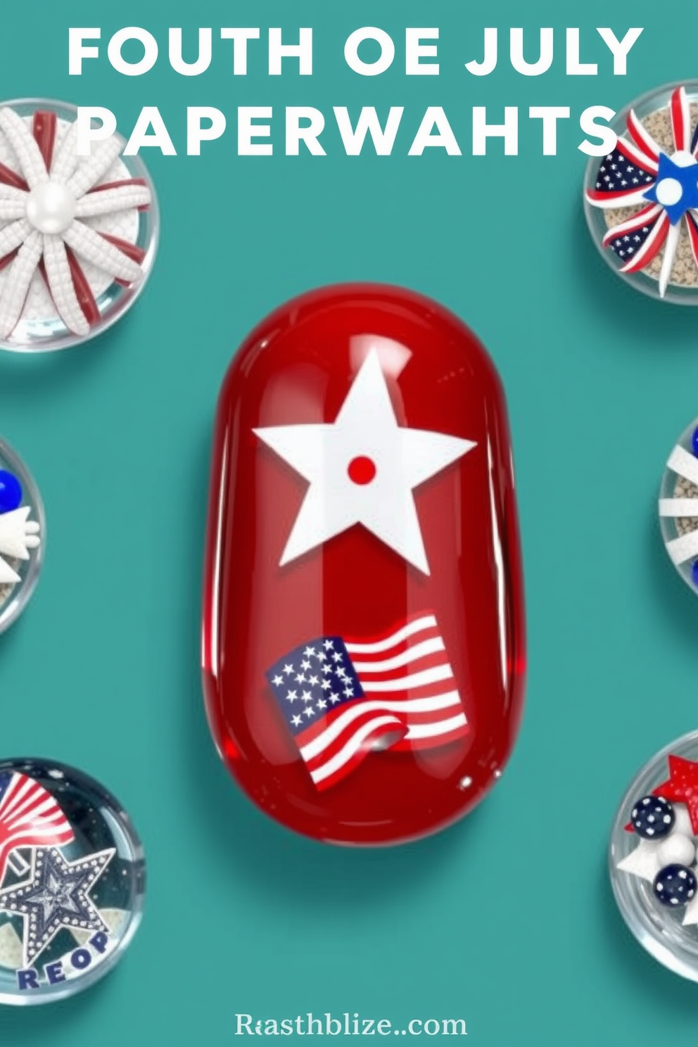 A collection of unique paperweights inspired by the Fourth of July. Each paperweight features patriotic colors and designs, perfect for adding a festive touch to your home office decor.