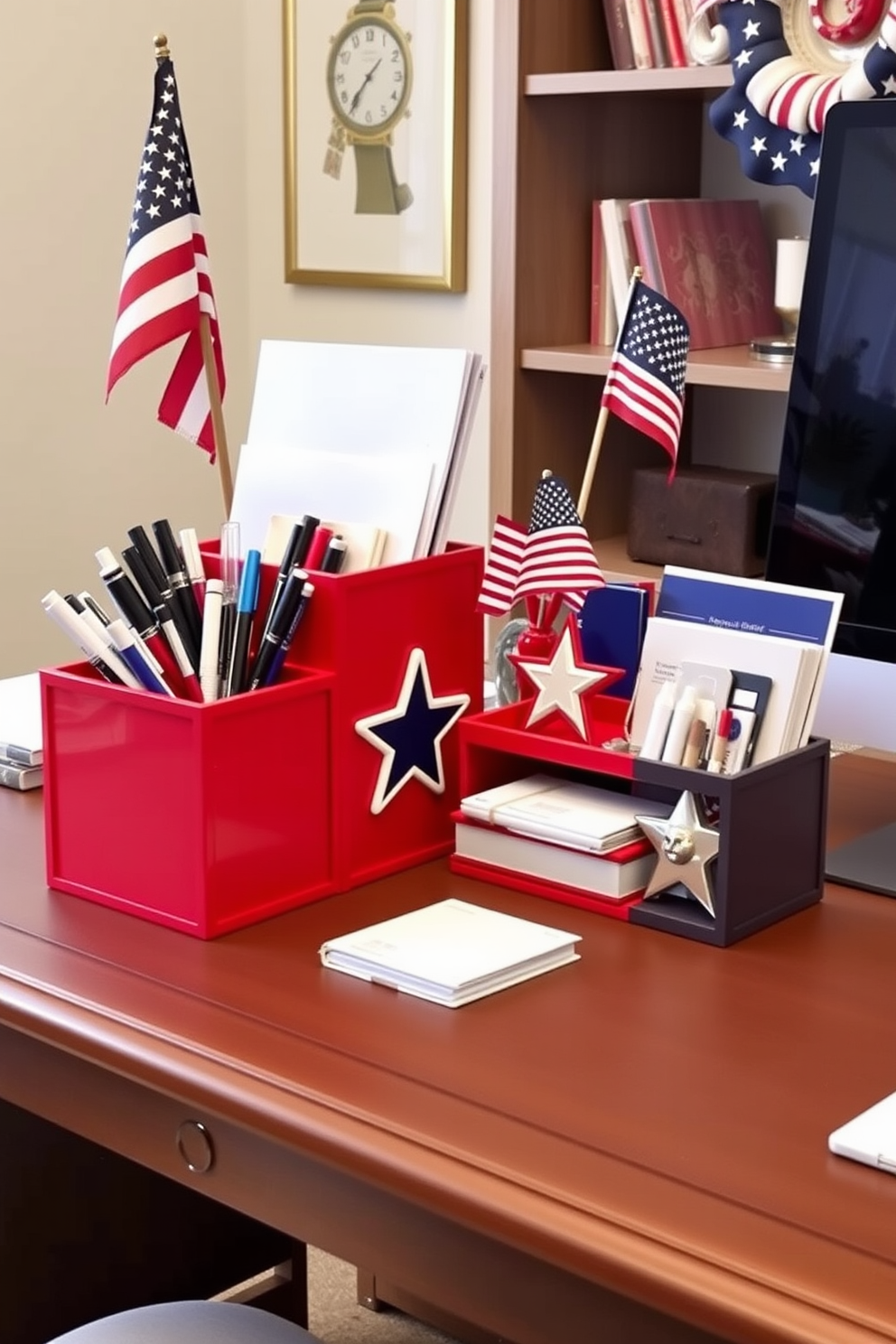 A patriotic desk organizer featuring red white and blue colors sits prominently on a stylish home office desk. The organizer includes compartments for pens papers and office supplies while decorative elements evoke the spirit of Independence Day.