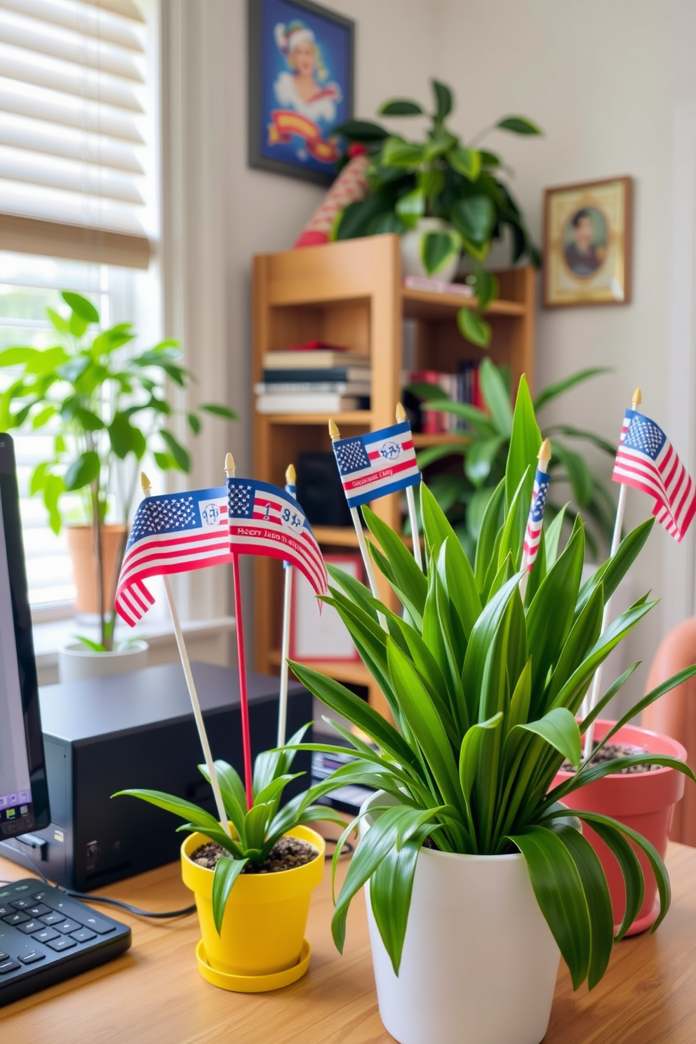 Star shaped coasters for drinks are arranged on a rustic wooden table in a cozy home office. The coasters feature a vibrant red, white, and blue color scheme, adding a festive touch to the workspace. The home office is decorated with patriotic elements, including a flag-themed wall art and themed cushions on a comfortable chair. A stylish desk lamp illuminates the space, creating a warm and inviting atmosphere for productivity.