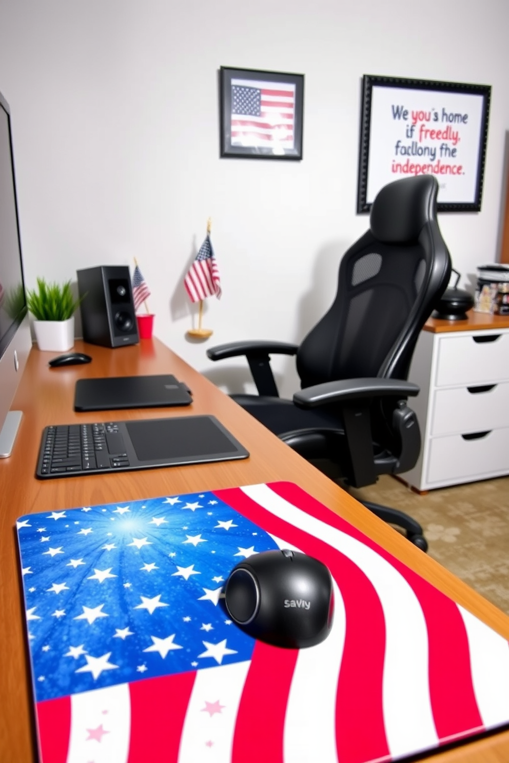 A home office decorated for Independence Day features walls adorned with patriotic art prints that celebrate national pride. The space combines functionality and style, with a sleek desk positioned beneath a large window, allowing natural light to enhance the vibrant colors of the artwork.