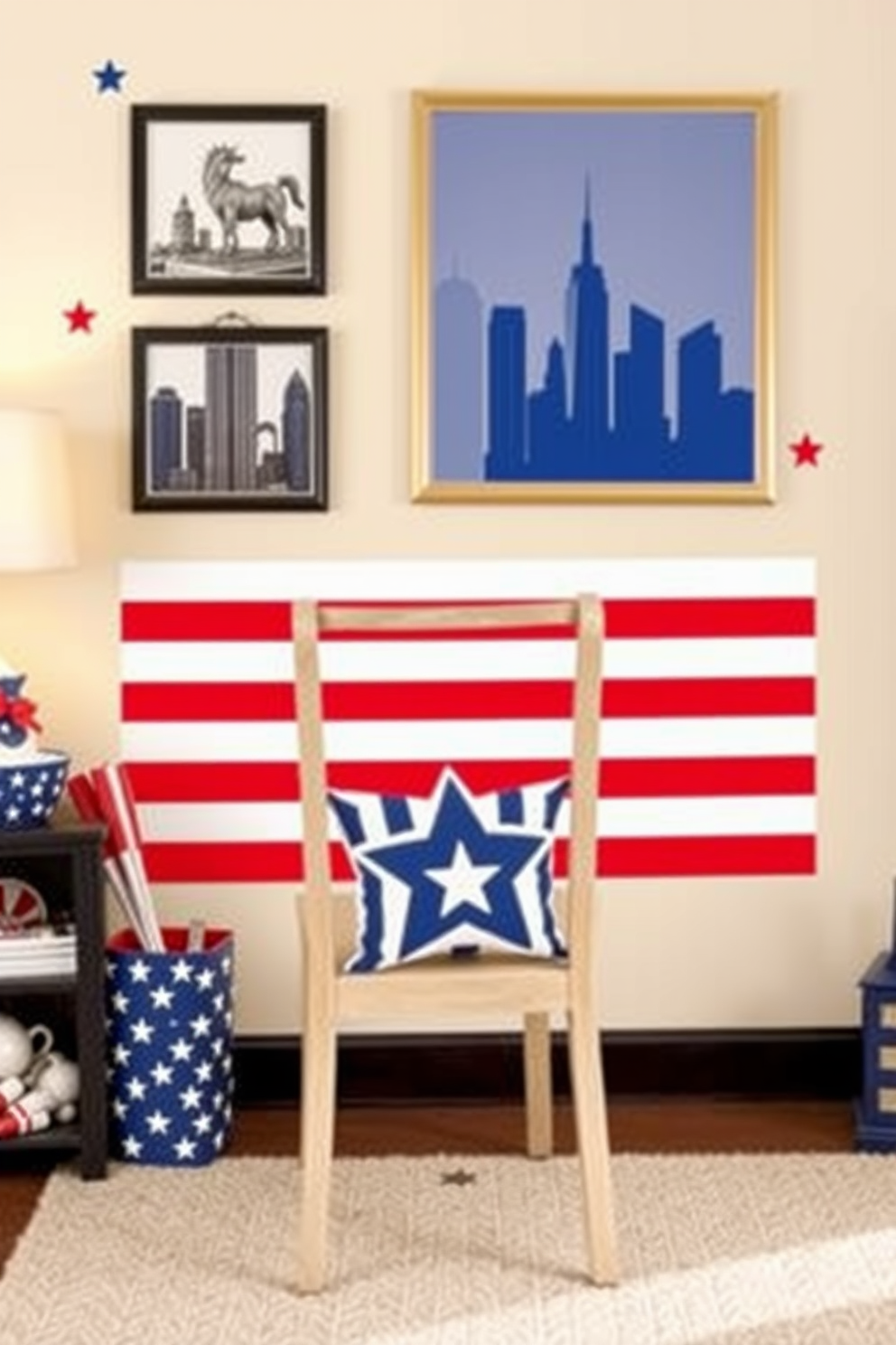 Independence Day themed wall decals create a festive atmosphere in any room. Bold colors of red, white, and blue are used to depict stars and stripes, enhancing the celebratory spirit. For a home office, consider incorporating patriotic elements such as a flag-themed desk organizer and red, white, and blue accents in your decor. A gallery wall featuring framed prints of iconic American landmarks can also inspire creativity and pride.