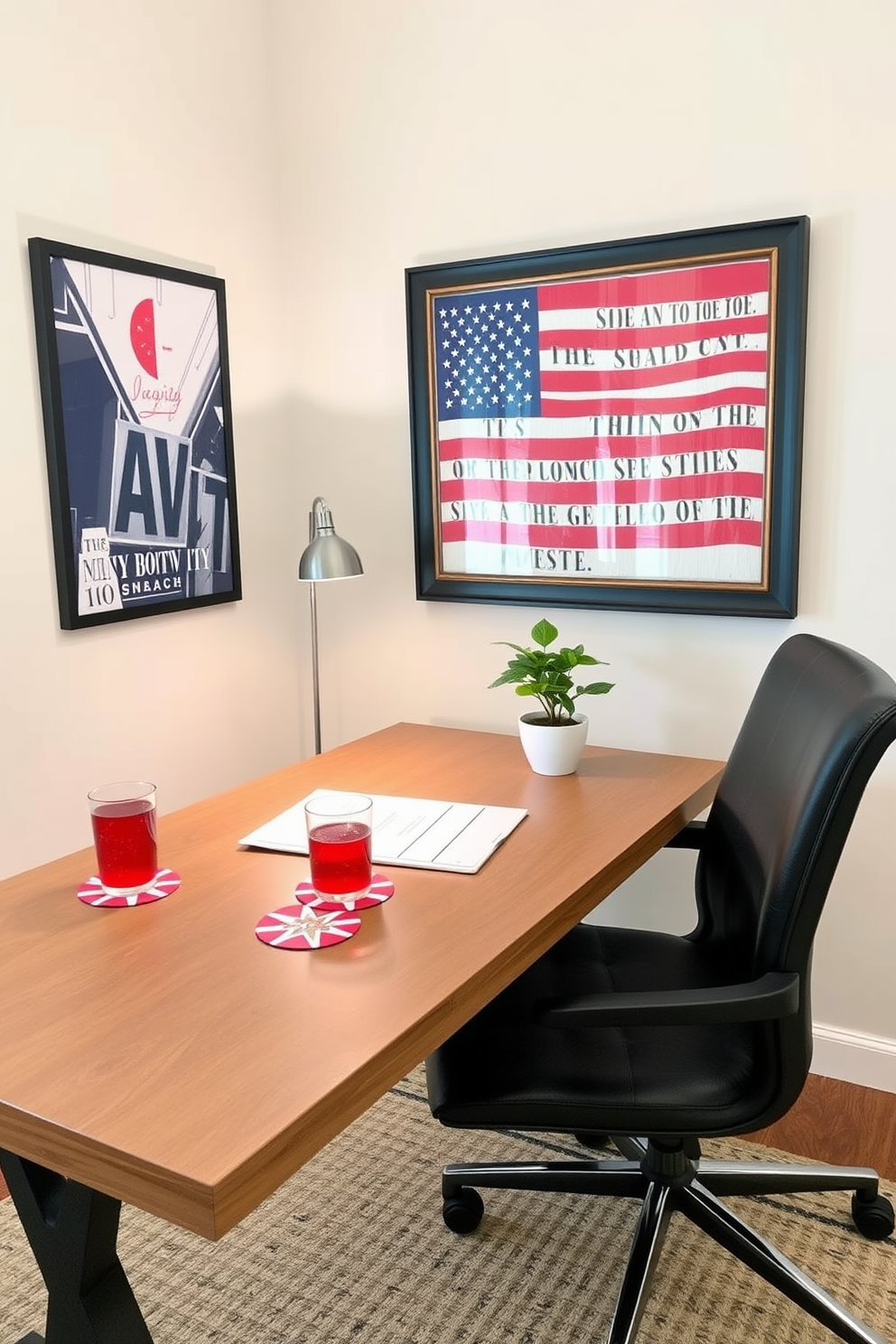 A stylish home office setting designed for Independence Day. The desk features stars and stripes coasters for drinks, adding a festive touch to the workspace. The walls are adorned with patriotic-themed artwork, and a comfortable chair complements the decor. A small potted plant sits on the desk, bringing a touch of greenery to the festive environment.