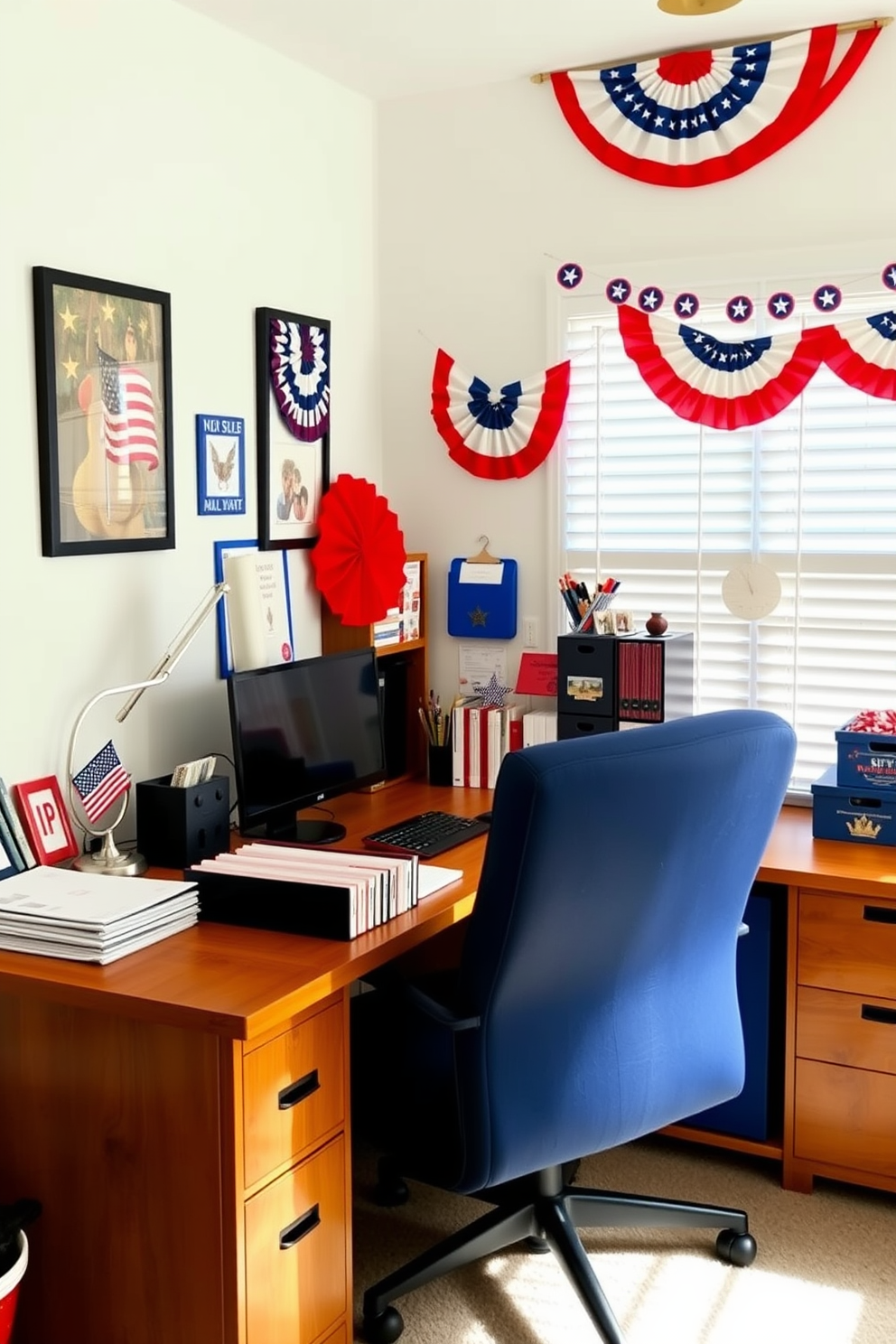 A vibrant home office setting decorated for Independence Day. The desk is adorned with red white and blue file folders organized neatly, creating a festive atmosphere. On the walls, patriotic-themed artwork and banners add a touch of celebration. A cozy chair in navy blue complements the overall color scheme, inviting productivity and creativity.