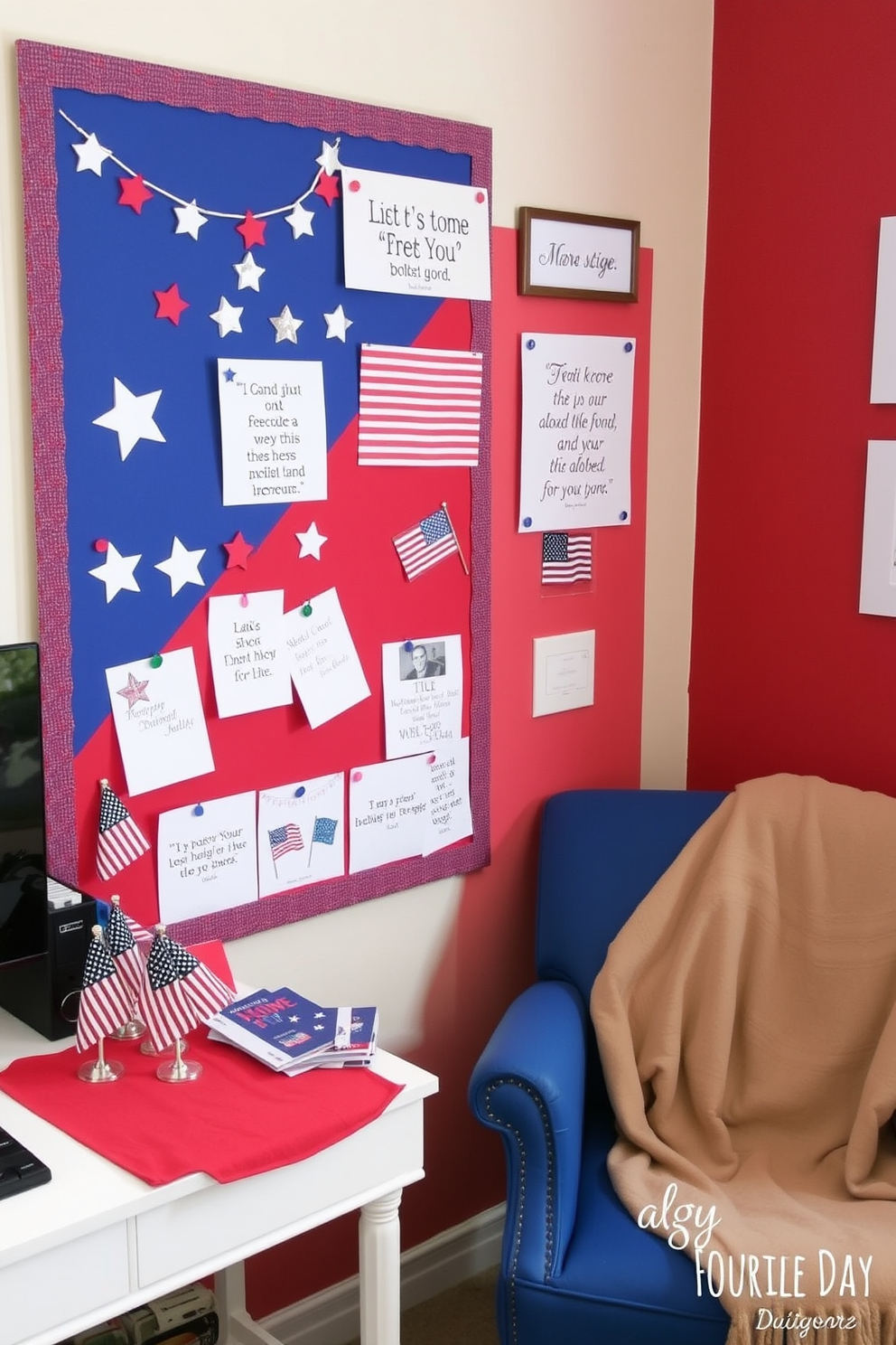 A patriotic themed bulletin board is adorned with red white and blue colors featuring stars and stripes. Handmade crafts such as paper flags and star cutouts are pinned alongside inspirational quotes about freedom and unity. In the home office, a red accent wall complements a white desk decorated with small American flags and themed stationery. A cozy nook with a blue armchair and a throw blanket invites relaxation while celebrating the spirit of Independence Day.