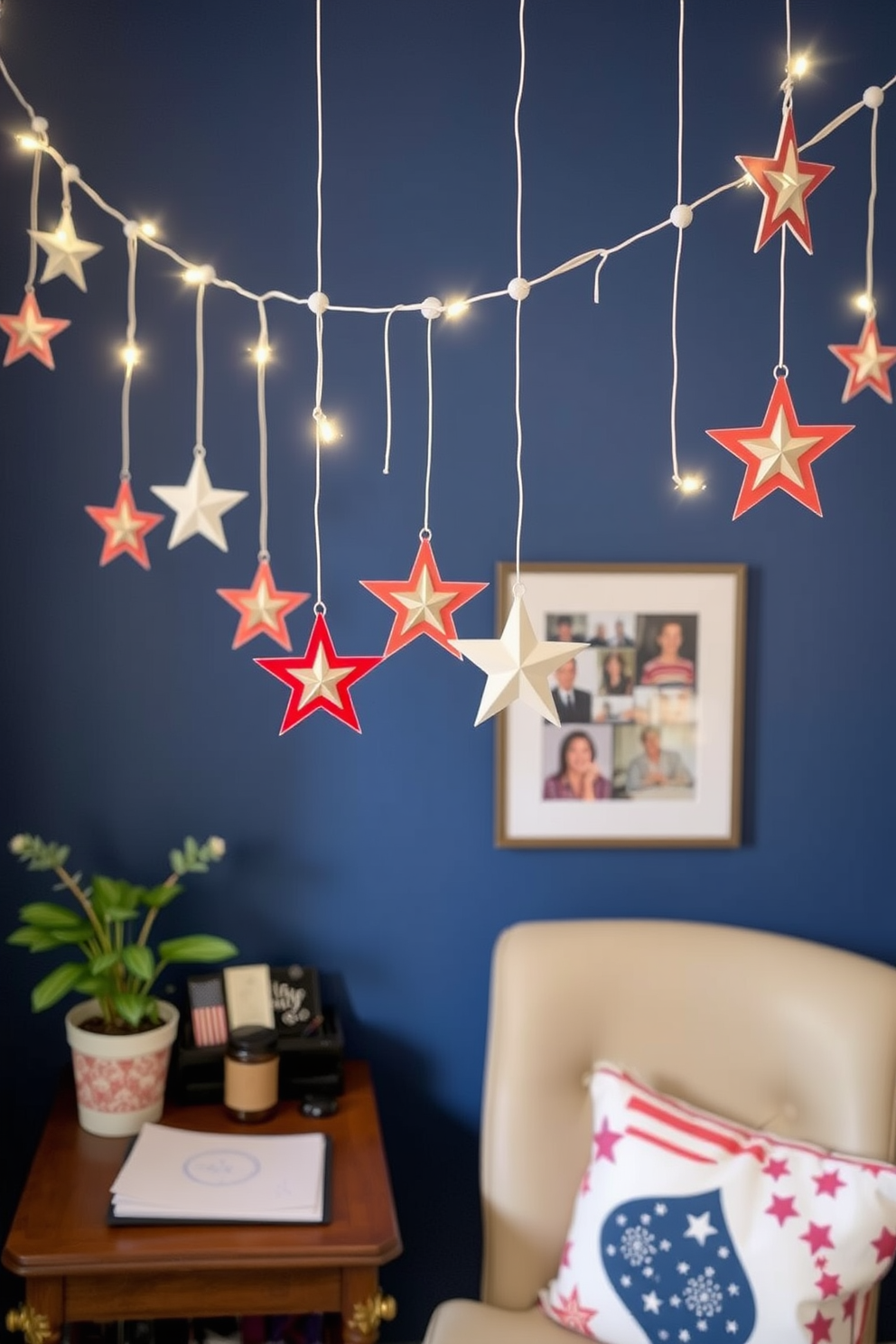 A cozy home office setting adorned with a decorative string of hanging stars. The stars twinkle softly against a backdrop of a deep blue wall, creating a festive atmosphere for Independence Day celebrations.