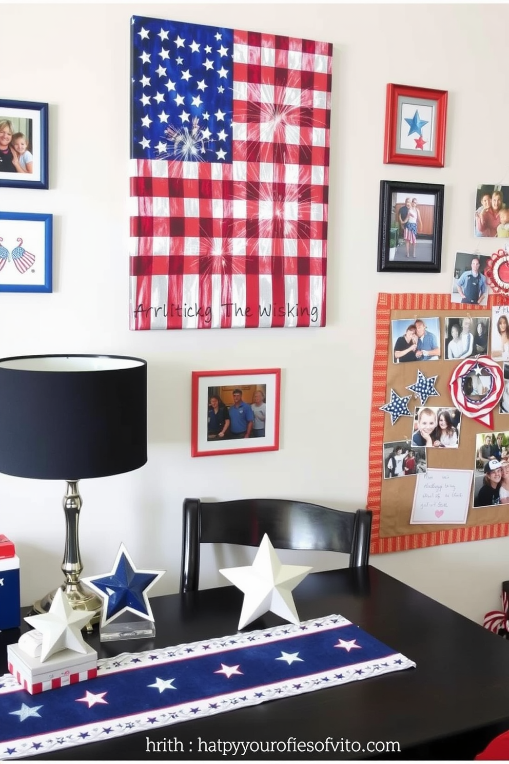 Independence Day themed artwork display. The space features a large canvas painting with a vibrant American flag design, surrounded by smaller framed pieces showcasing fireworks and patriotic symbols. Independence Day Home Office Decorating Ideas. A desk is adorned with red white and blue accessories, including a star-shaped paperweight and a festive table runner, while a bulletin board displays family photos from past Independence Day celebrations.