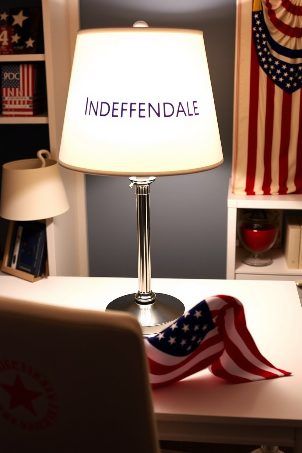 A stylish home office featuring a red, white, and blue desk lamp that symbolizes Independence Day. The lamp sits on a sleek white desk, surrounded by patriotic decor and a comfortable chair that enhances the festive atmosphere.