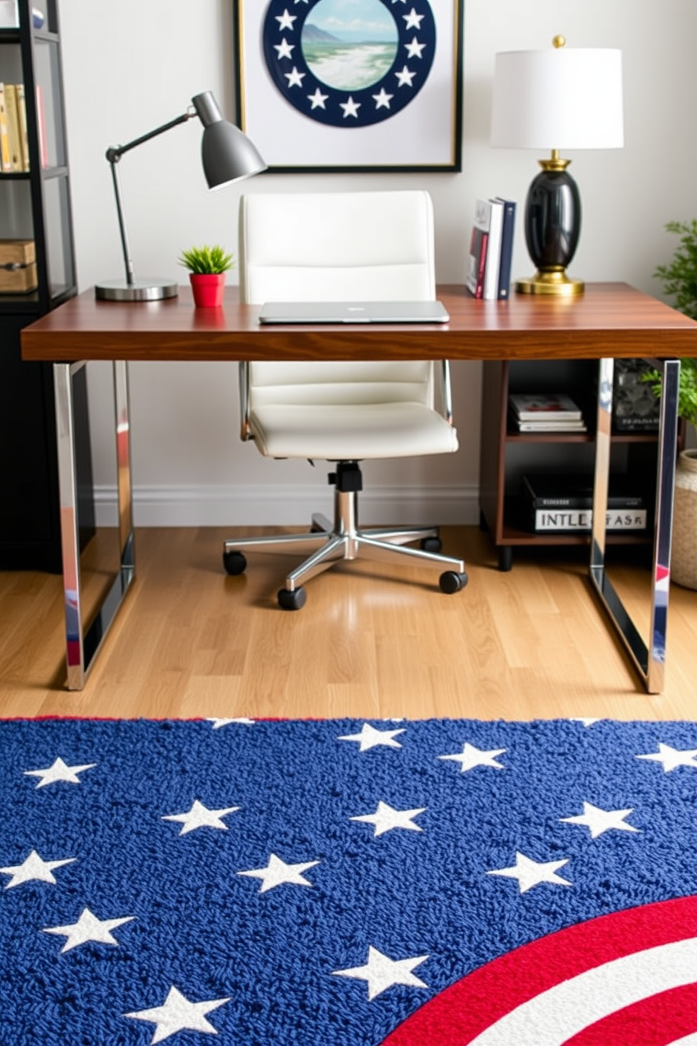 A patriotic themed rug is placed under a sleek wooden desk in a stylish home office setting. The rug features red white and blue colors with stars and stripes creating a festive atmosphere for Independence Day celebrations.