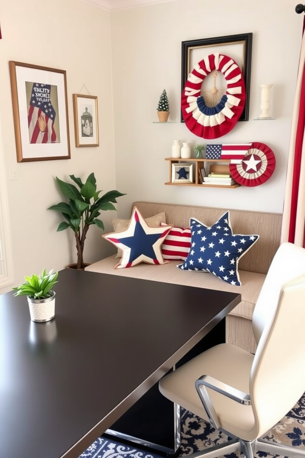 Tabletop flags in various sizes are arranged on a sleek wooden desk, creating a festive atmosphere for Independence Day. The flags are accompanied by red, white, and blue decorative elements such as candles and small potted plants, enhancing the patriotic theme.