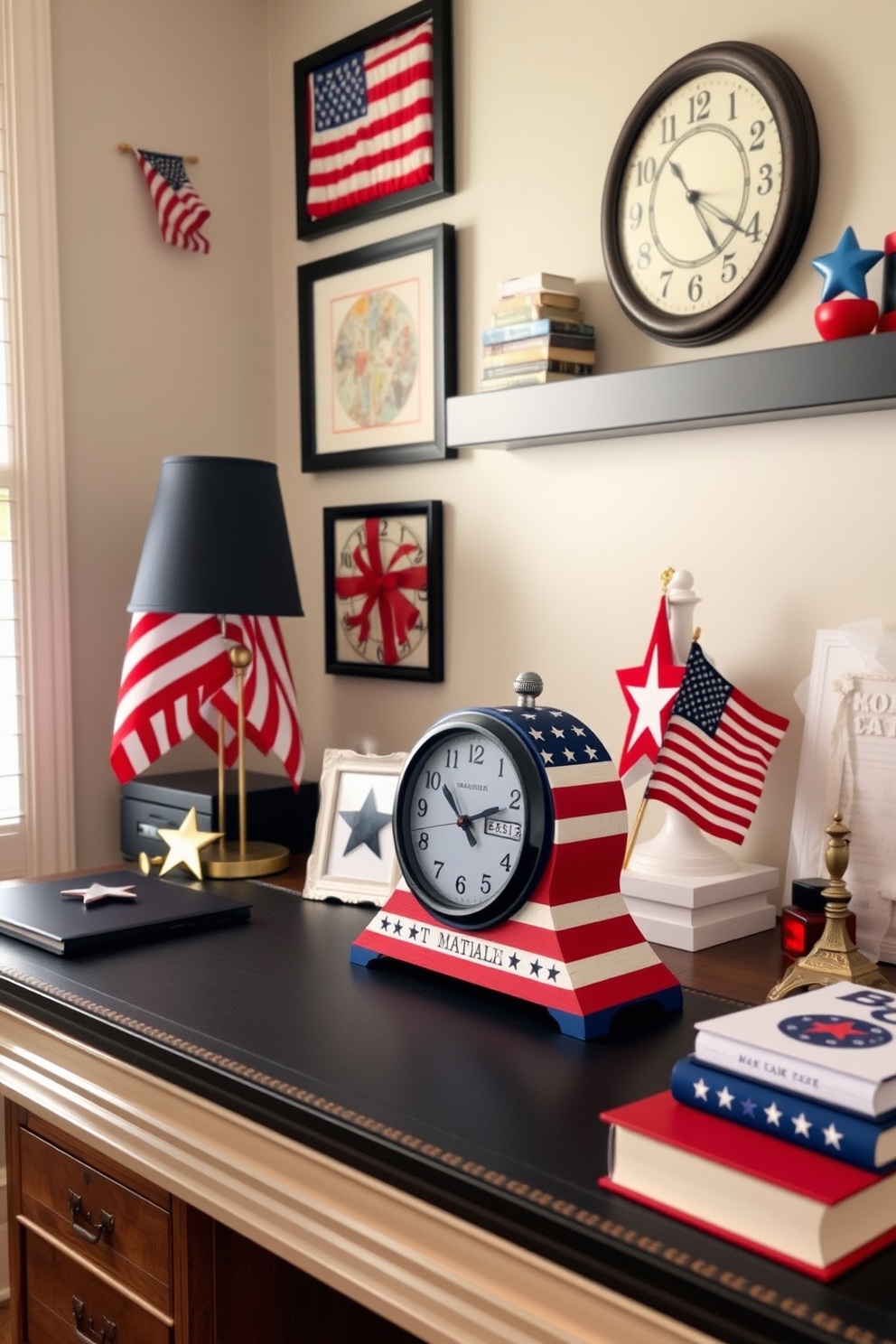 A patriotic themed wall clock hangs prominently on the wall of a cozy home office. The clock features red white and blue colors with stars and stripes creating a festive atmosphere for Independence Day celebrations. A sleek wooden desk is positioned under the clock adorned with a small American flag and decorative items reflecting the spirit of the holiday. The walls are painted in a soft cream color complementing the vibrant hues of the clock and enhancing the overall decor.