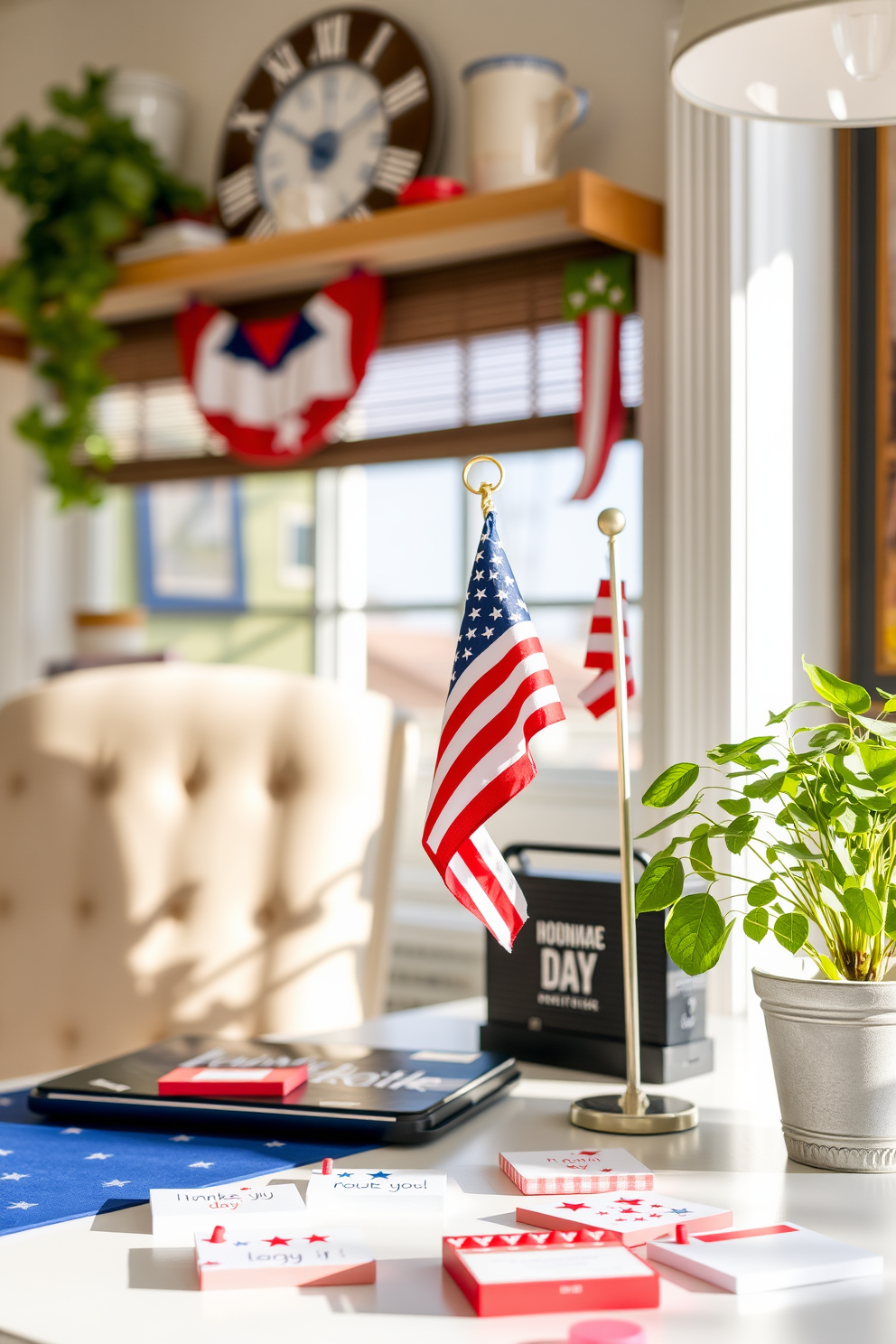 A vibrant home office setting celebrating Independence Day. The desk is adorned with red white and blue notebooks and stationery, creating a festive atmosphere. The walls are decorated with patriotic artwork and bunting. A comfortable chair in a matching color scheme invites creativity and productivity.