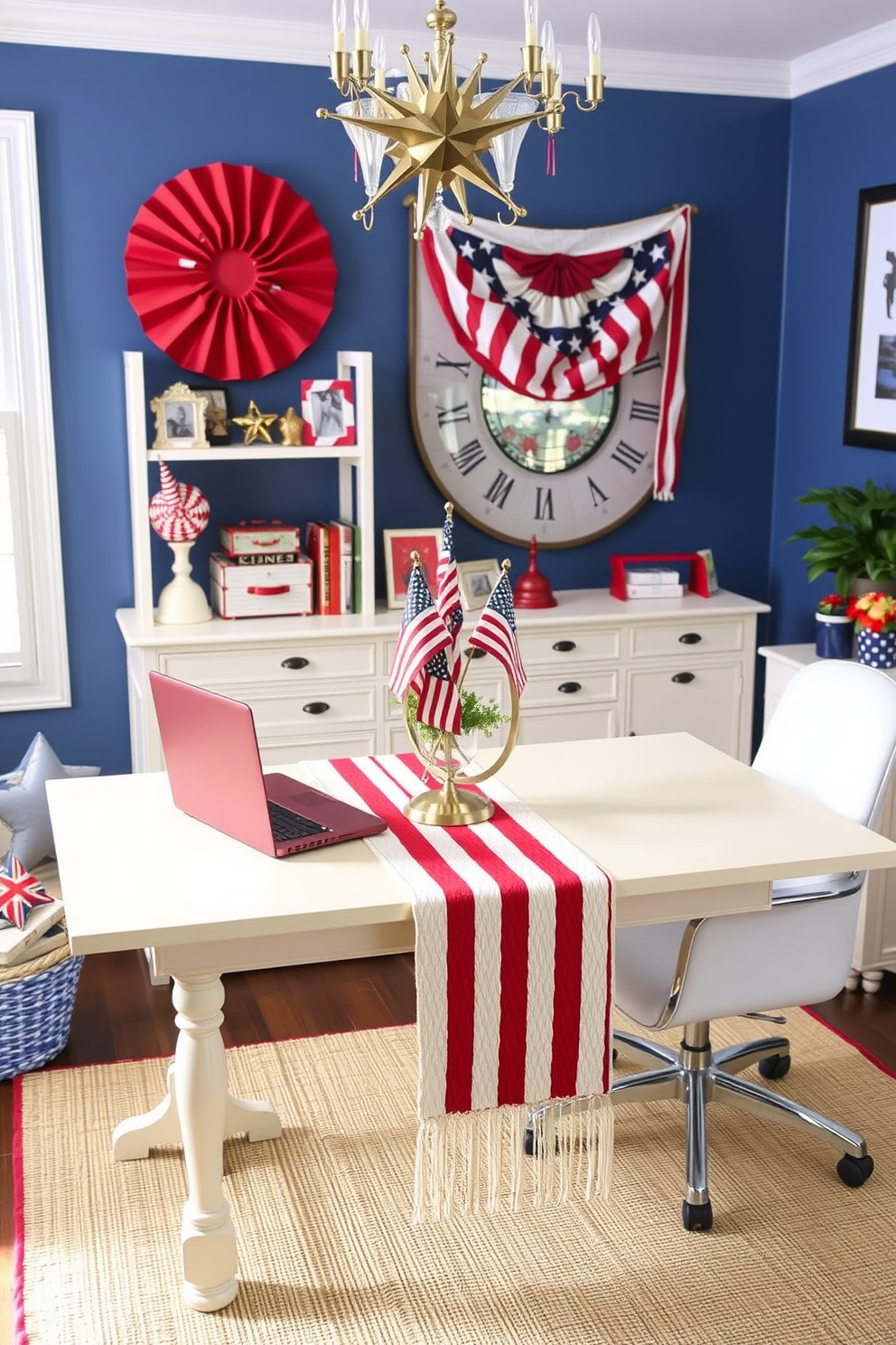 A vibrant home office setting for Independence Day. Miniature flags are creatively placed in various potted plants, adding a festive touch to the workspace. The desk features a sleek design with a comfortable chair, surrounded by greenery. Soft natural light filters through the window, enhancing the patriotic decor.