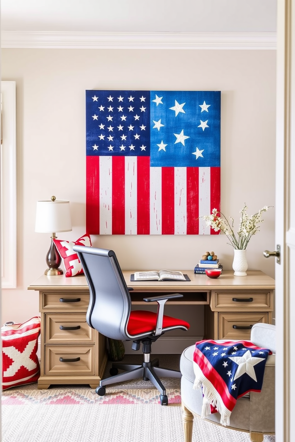 Create an inspiring home office space that celebrates Independence Day. The walls feature a large American flag themed wall art as the focal point, complemented by red, white, and blue accents throughout the room. Incorporate a sleek desk with a vintage finish, paired with a comfortable ergonomic chair. Add decorative elements like star-shaped cushions and a patriotic throw blanket to enhance the festive atmosphere.