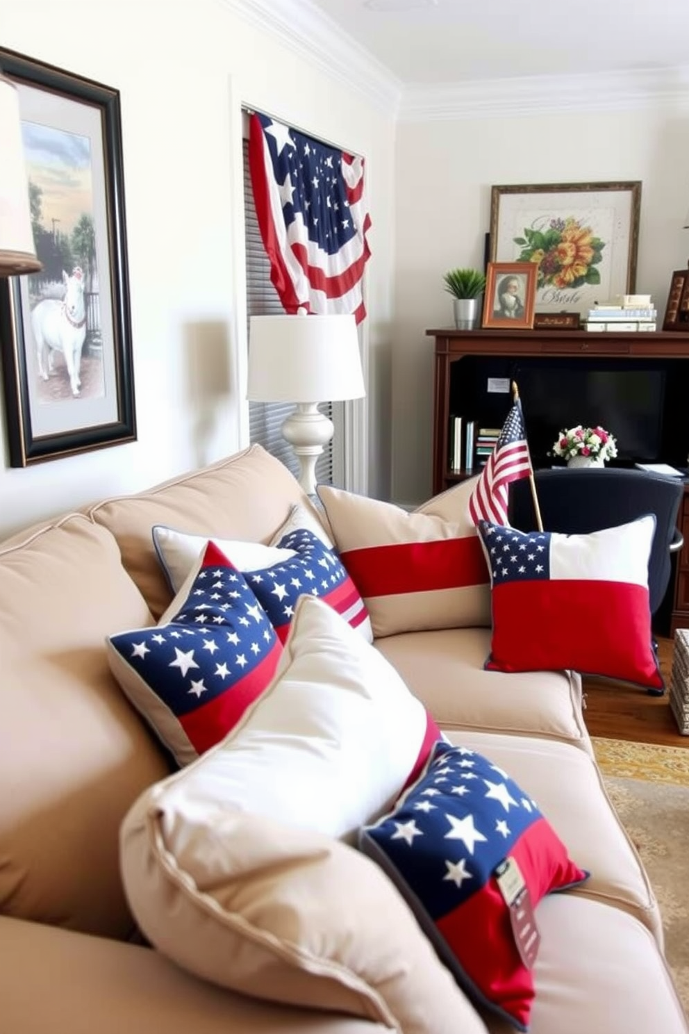 Decorative throw pillows featuring vibrant flags in red white and blue are scattered across a cozy home office sofa. The pillows add a festive touch to the space while complementing the neutral tones of the room. Incorporating Independence Day themed decor the home office exudes patriotism and warmth. A small American flag centerpiece on the desk further enhances the celebratory atmosphere.