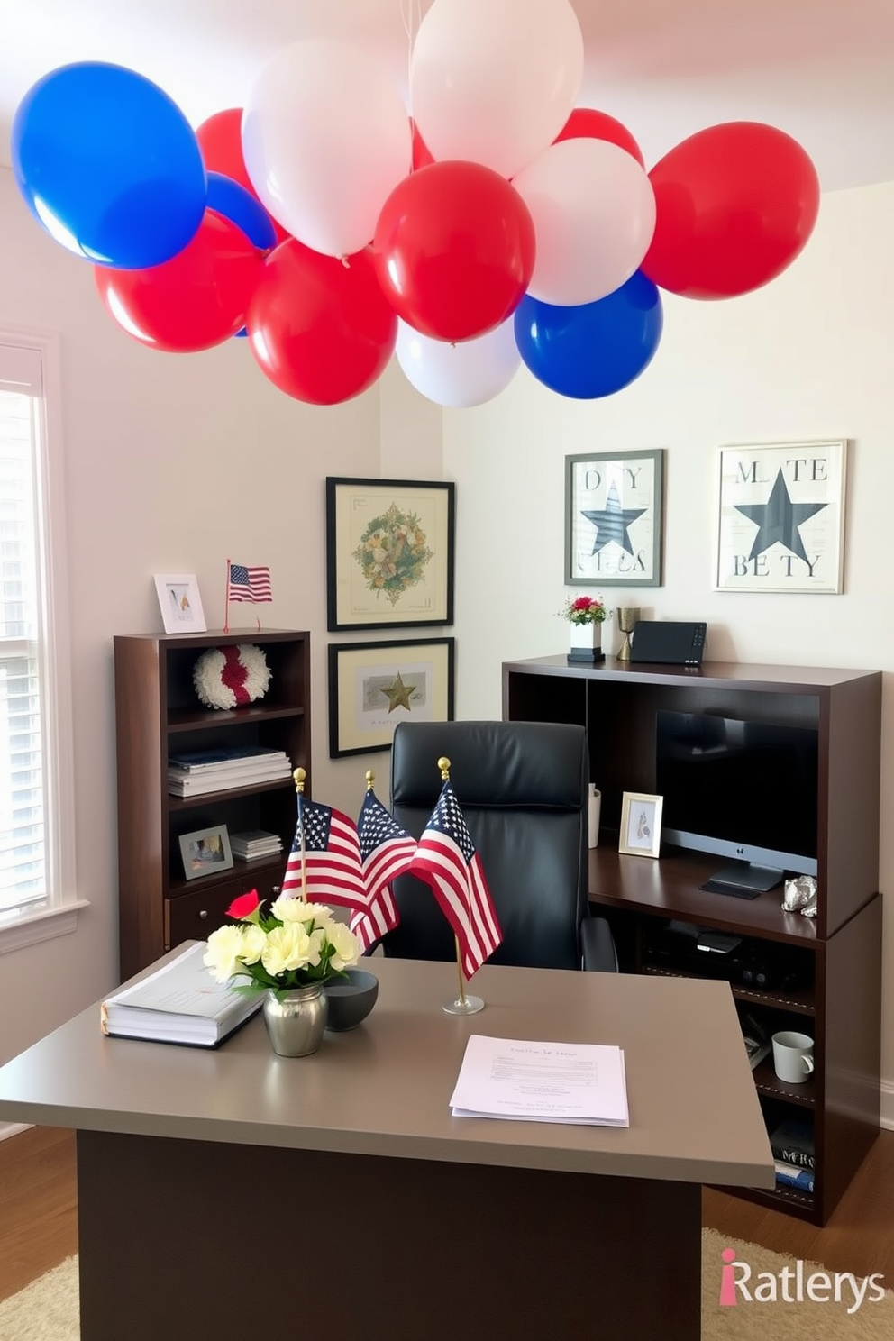 A festive table runner adorned with stars stretches across a beautifully set dining table. The runner is complemented by red, white, and blue tableware, creating a vibrant atmosphere for Independence Day celebrations. In the home office, a stylish desk is decorated with patriotic-themed accessories. A bold star-patterned throw pillow adds a touch of festivity to the chair, while a small American flag sits proudly on the desk.